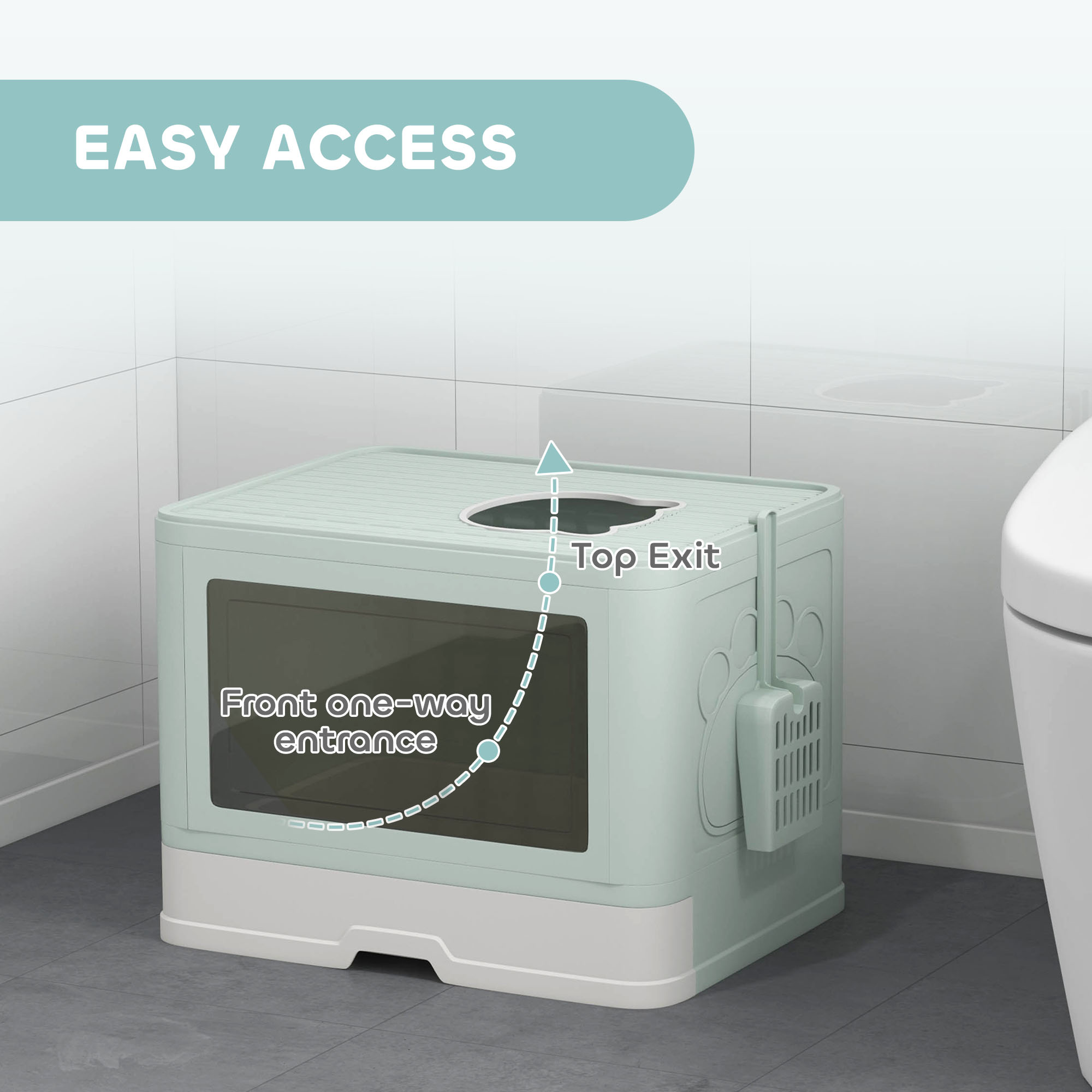 Cat Litter Box, Front Enter & Top Exit Cat Litter Tray with Scoop, Pull-out Tray, Easy to Clean, Green