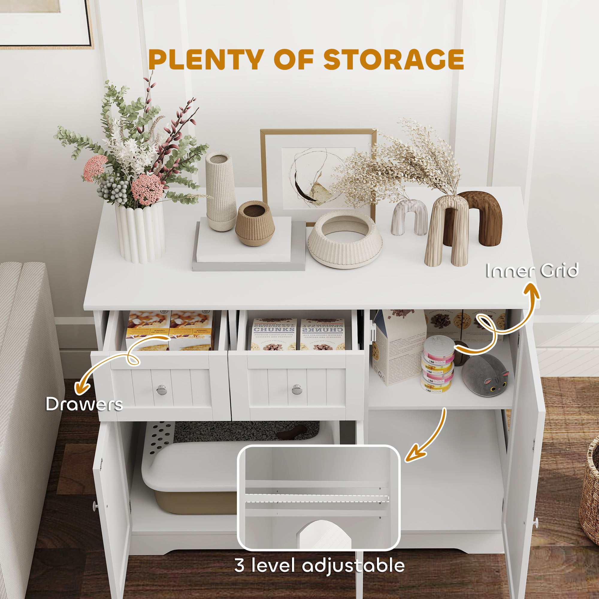 Cat Litter Box Enclosure with Drawer, Storage, Anti-tip Kit, for Living Room, Bedroom, White
