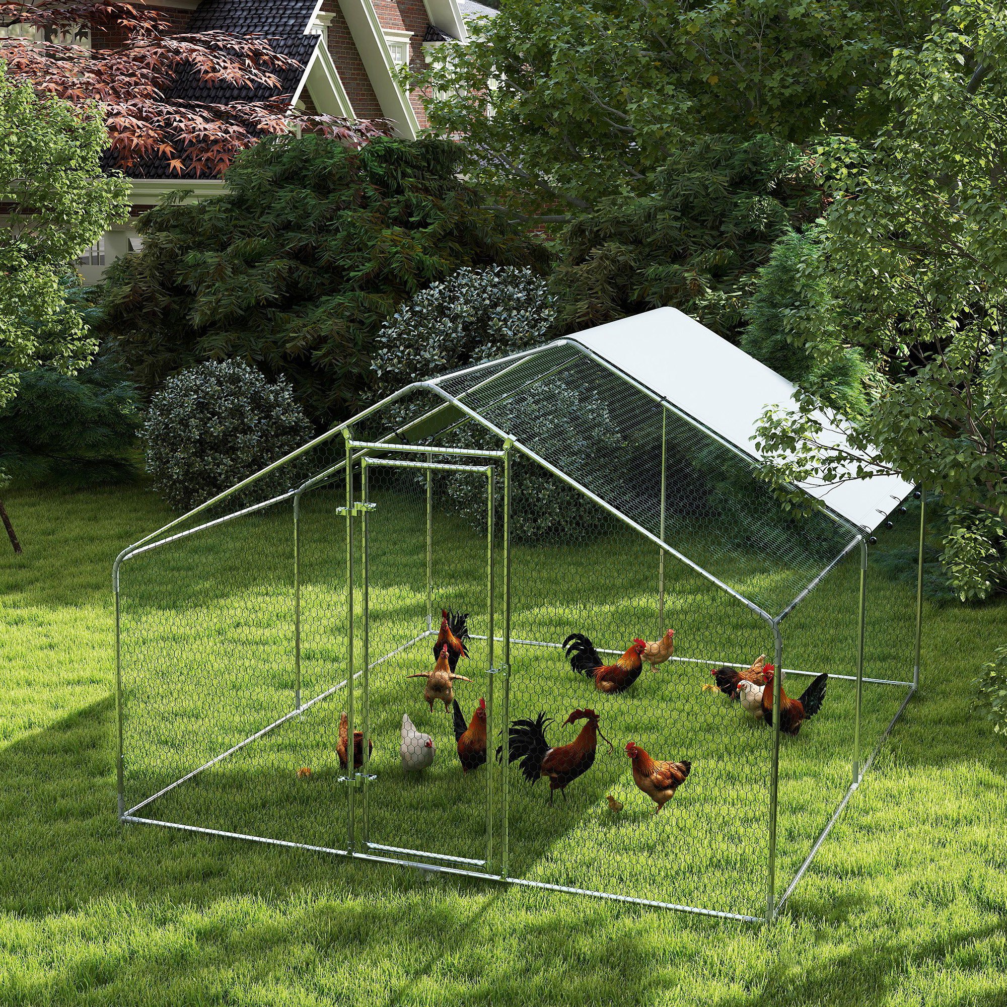Metal Chicken Coop, 9.8 x 11.2 FT Walk-in Chicken Run with Cover, Lockable Door, Outdoor Poultry Cage for 10-15 Chickens
