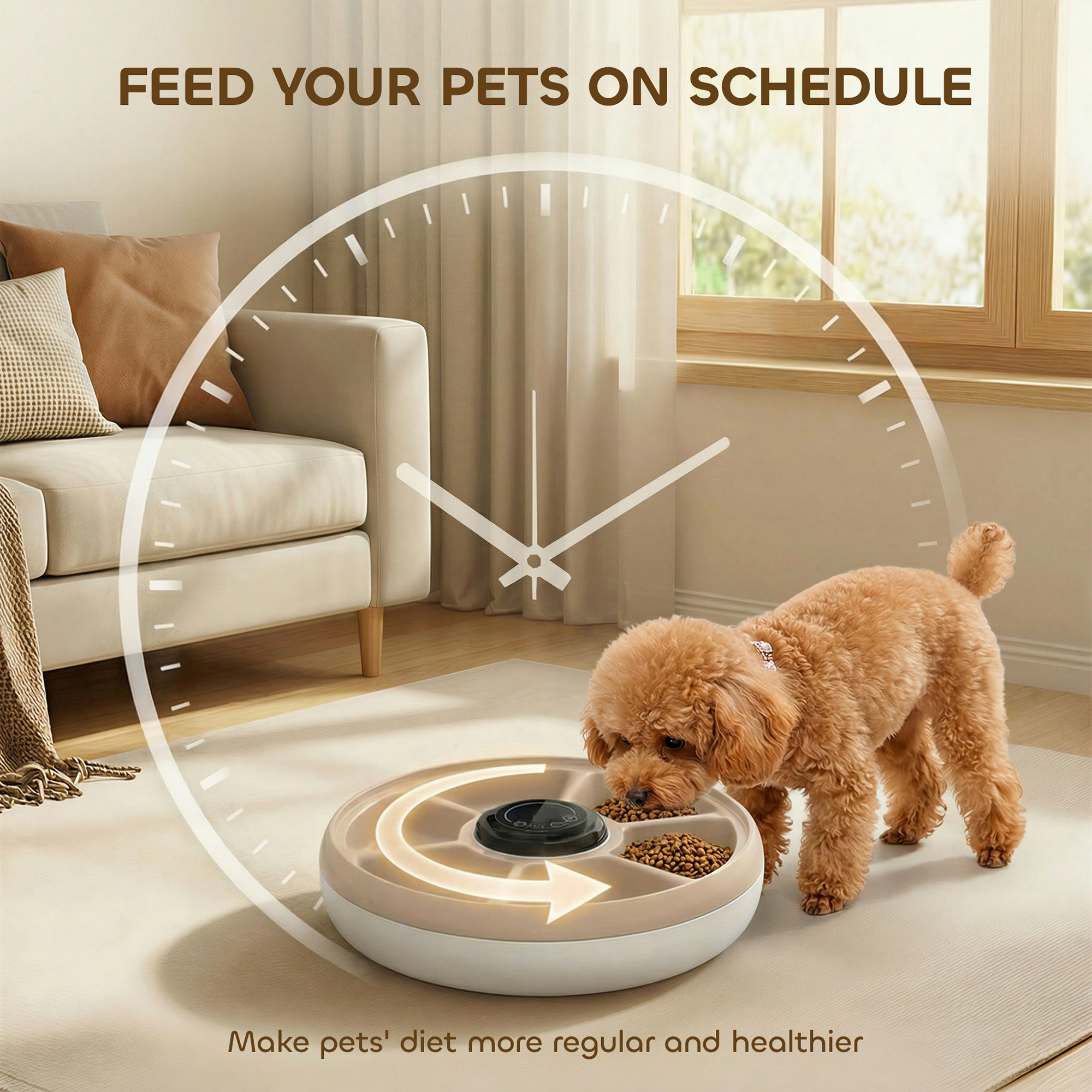 Automatic Cat Feeder for Dry Wet Food Timed Cat Dog Food Dispenser with 6 Trays 1 Ice Pack Battery Powered Light Brown