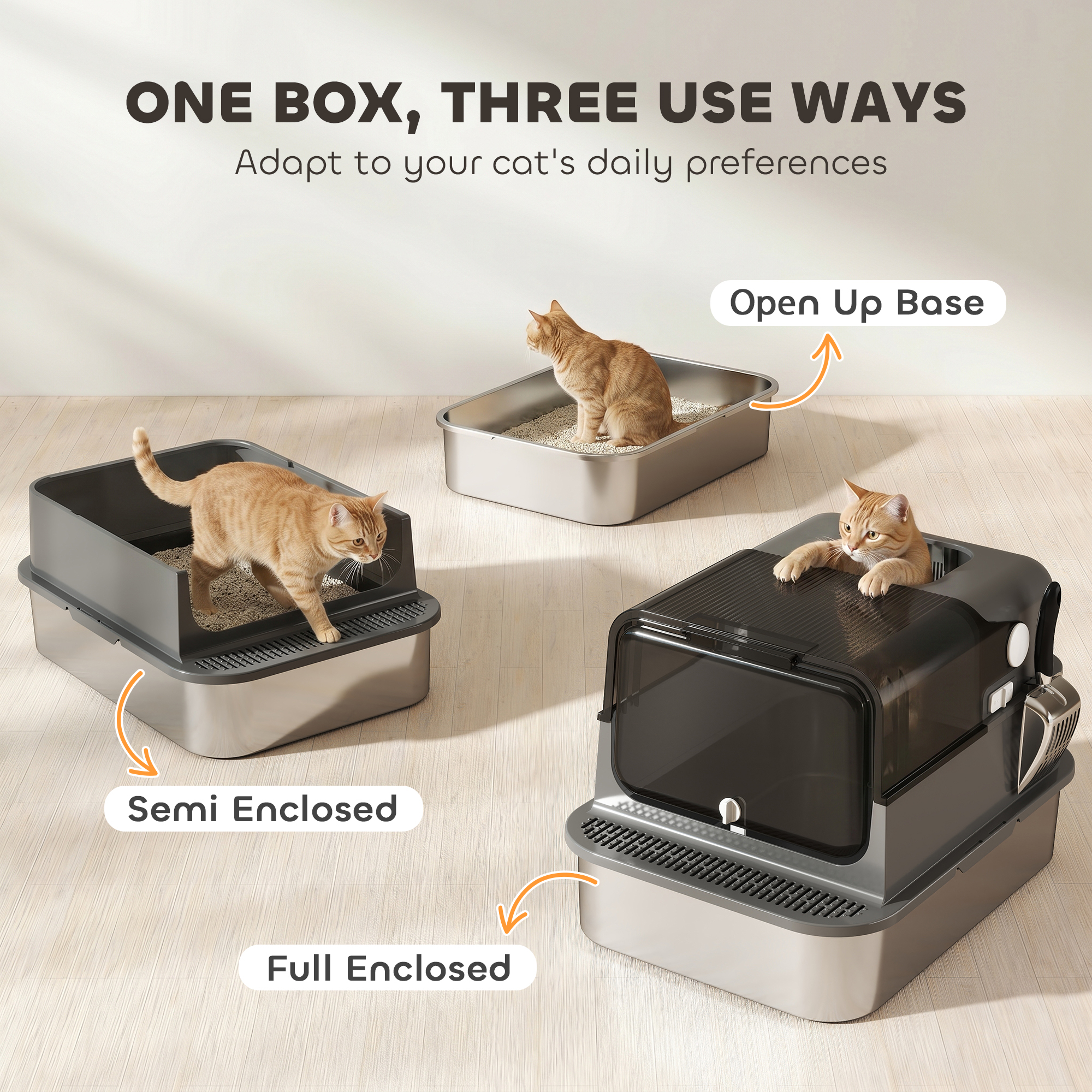 XXL Stainless Steel Cat Litter Tray, Enclosed Cat Litter Box for Big Cats with High Sides, Scoop, Easy Clean, Black
