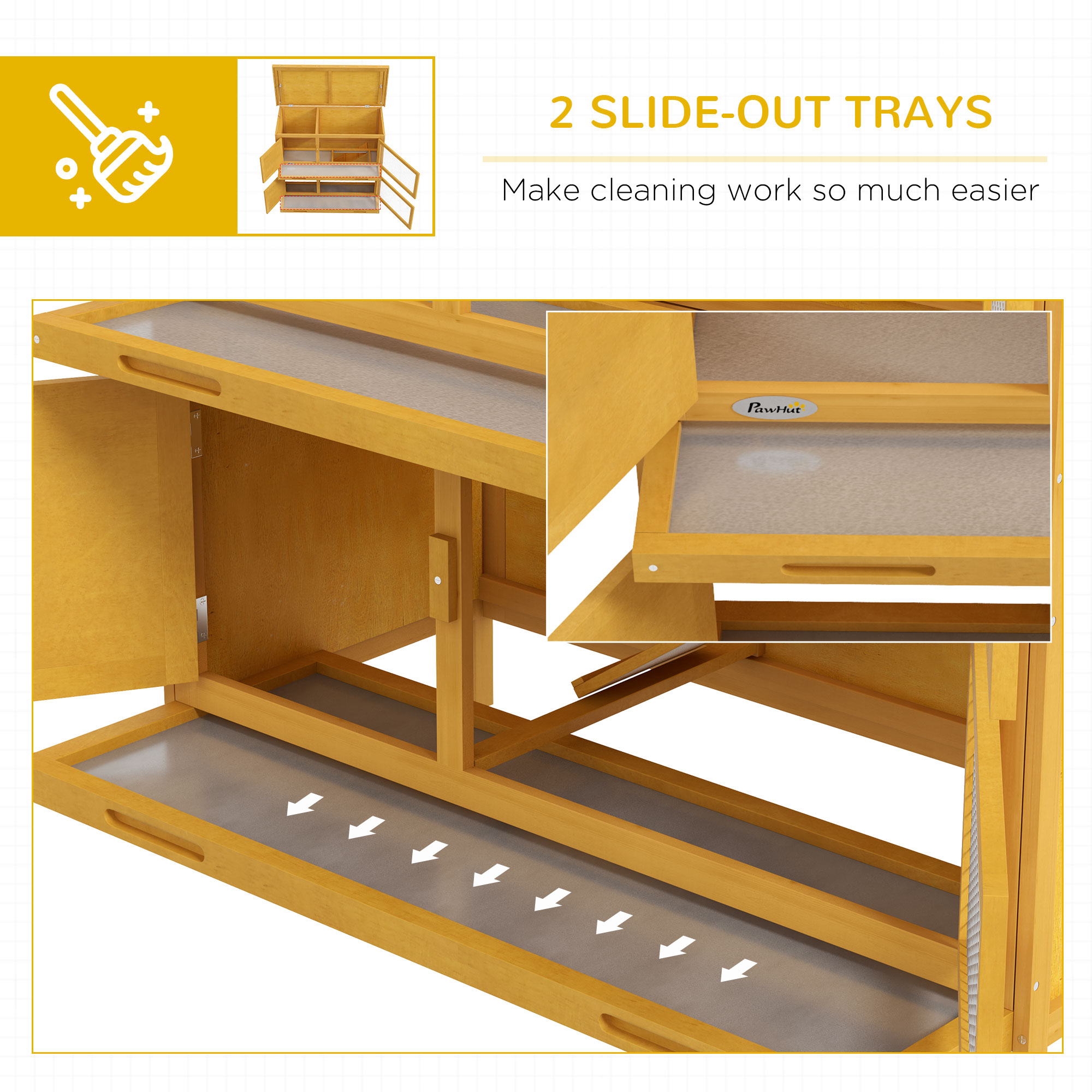 Wood Rabbit Hutch with 2 Large Main House, Ramp, Trays, Yellow - Image 6