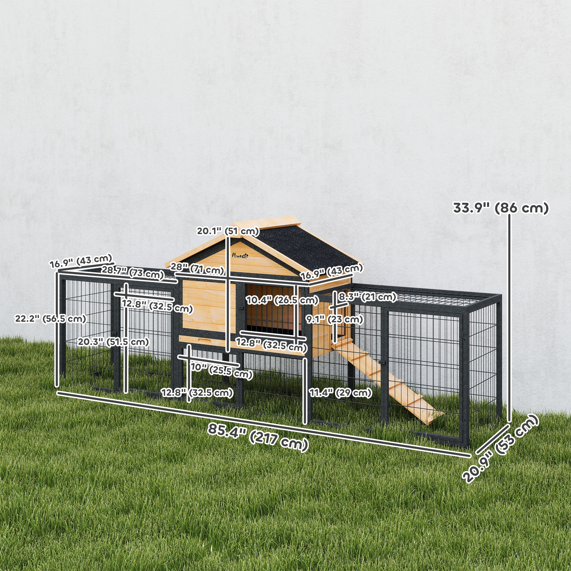 Rabbit Hutch Outdoor, 85"L Large Wooden Bunny Cage with Run Box, Removable Plastic Tray, Asphalt Roof, Ramp, Yellow