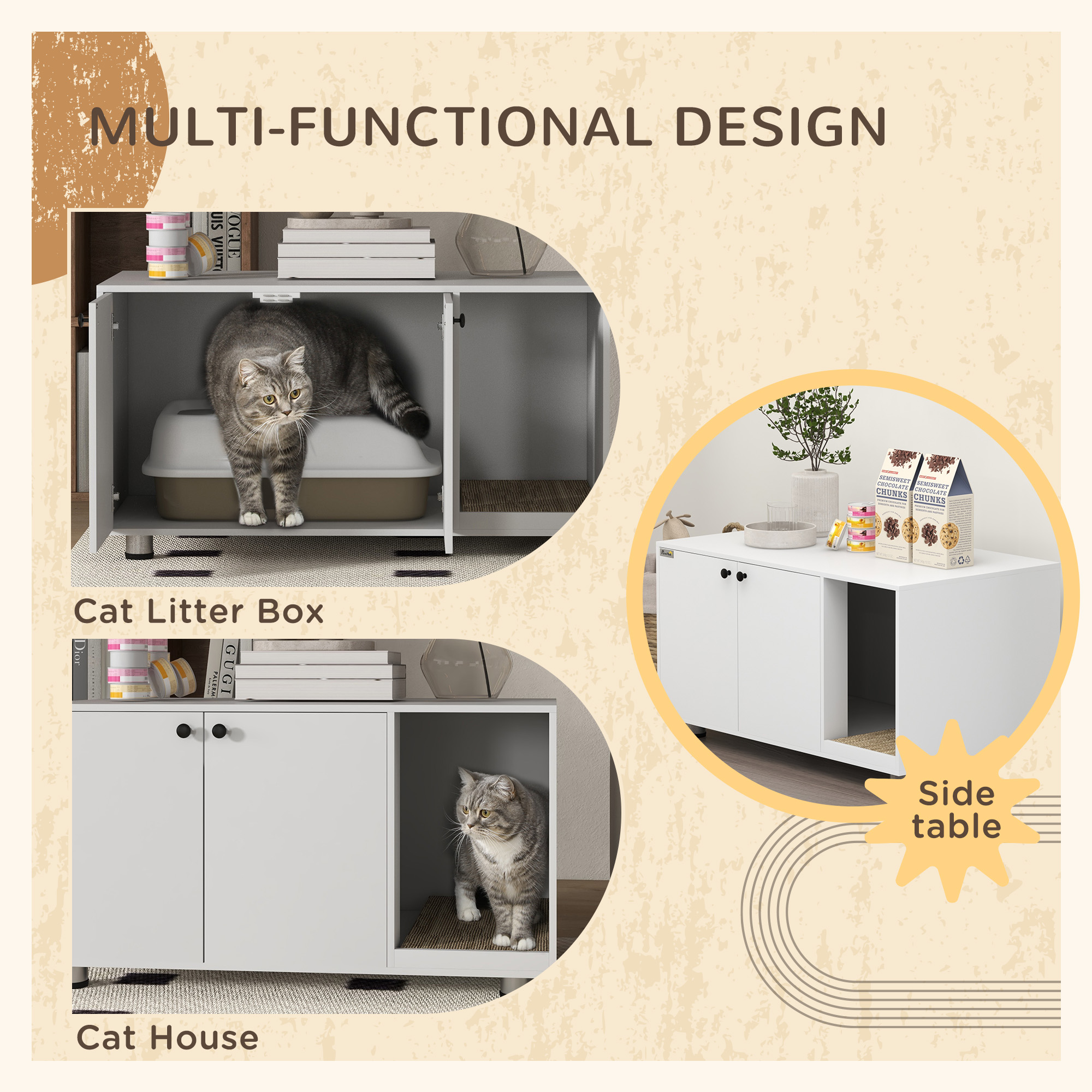 Litter Box Furniture Hidden Cat Washroom Furniture with Double Doors and Scratching Pad, White