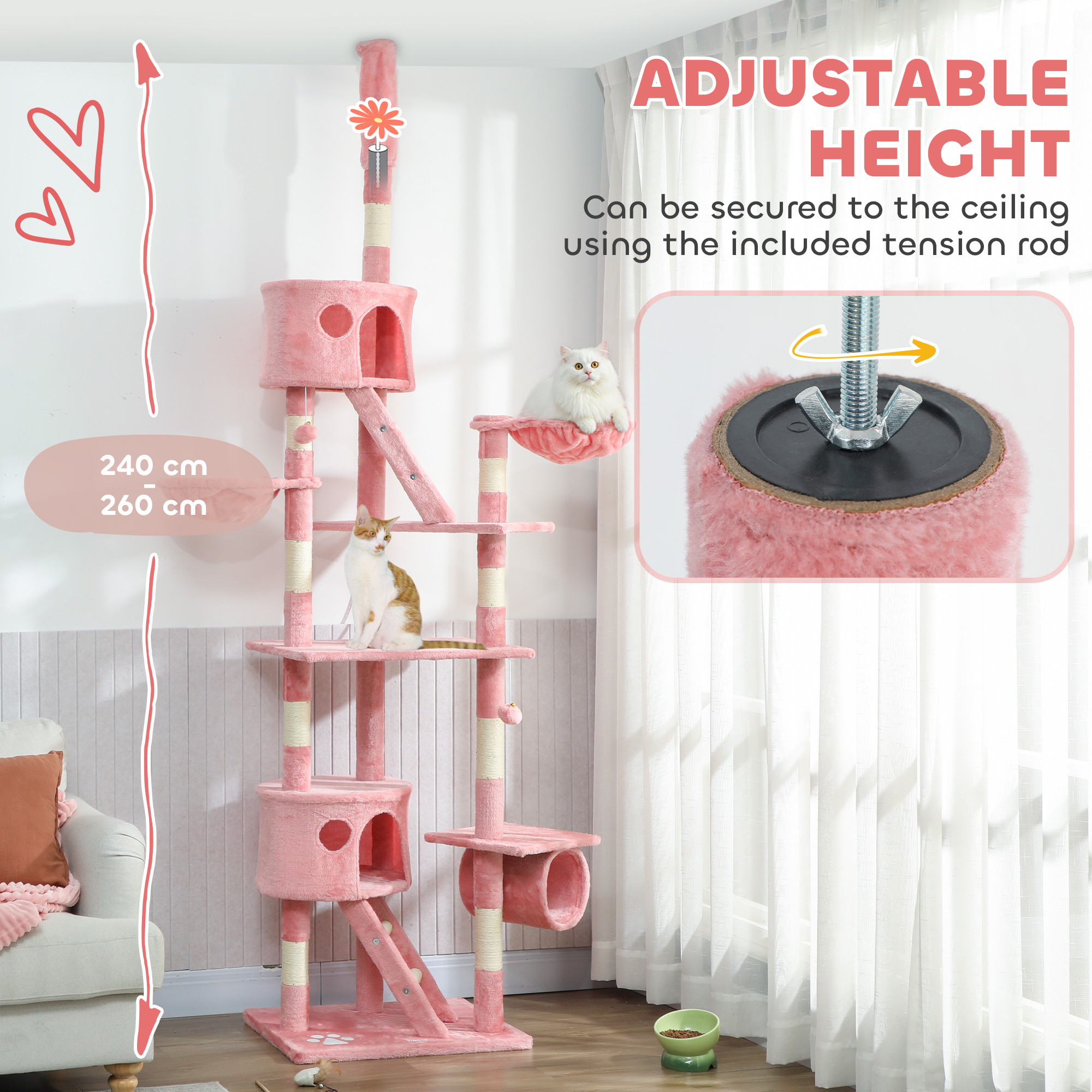 94"-102" Floor to Ceiling Cat Tree High Cat Condo Scratching Post Activity Center Multi-Level Play House Pink