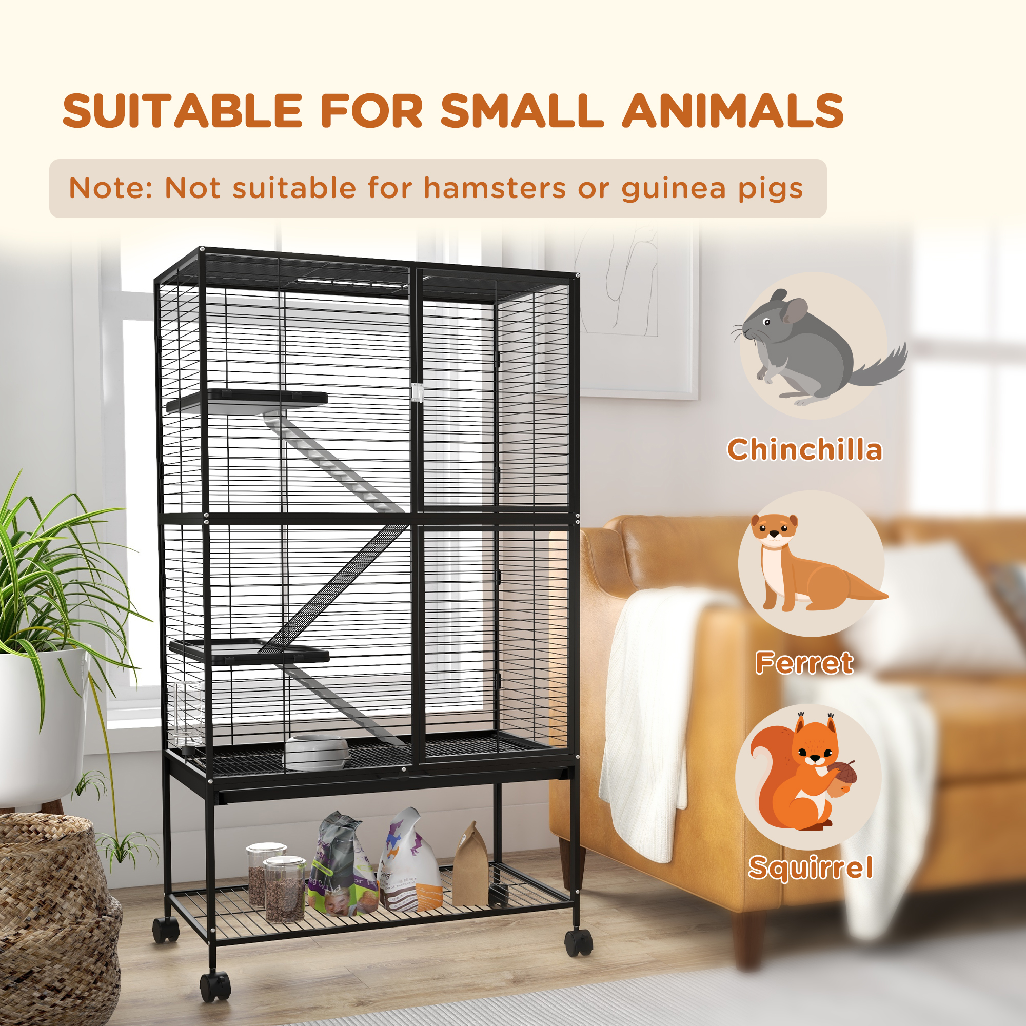 Rolling Small Animal Cage 54"H Chinchilla Cage for Ferrets, Squirrels w/ Removable Tray, Storage Shelf, Black