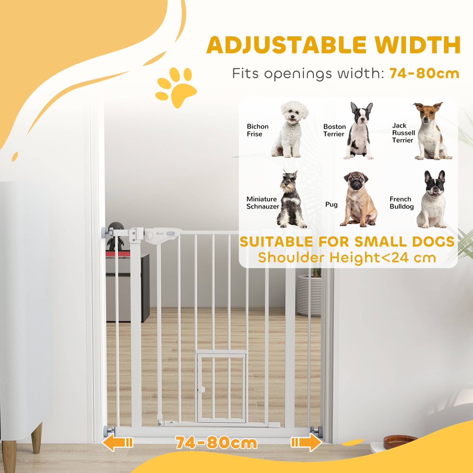 Pet Gate Extra Wide Press-Mounted with Cat Door, Auto Closing Pet Gate for Stair, Hallway, 29-32 Inch, White