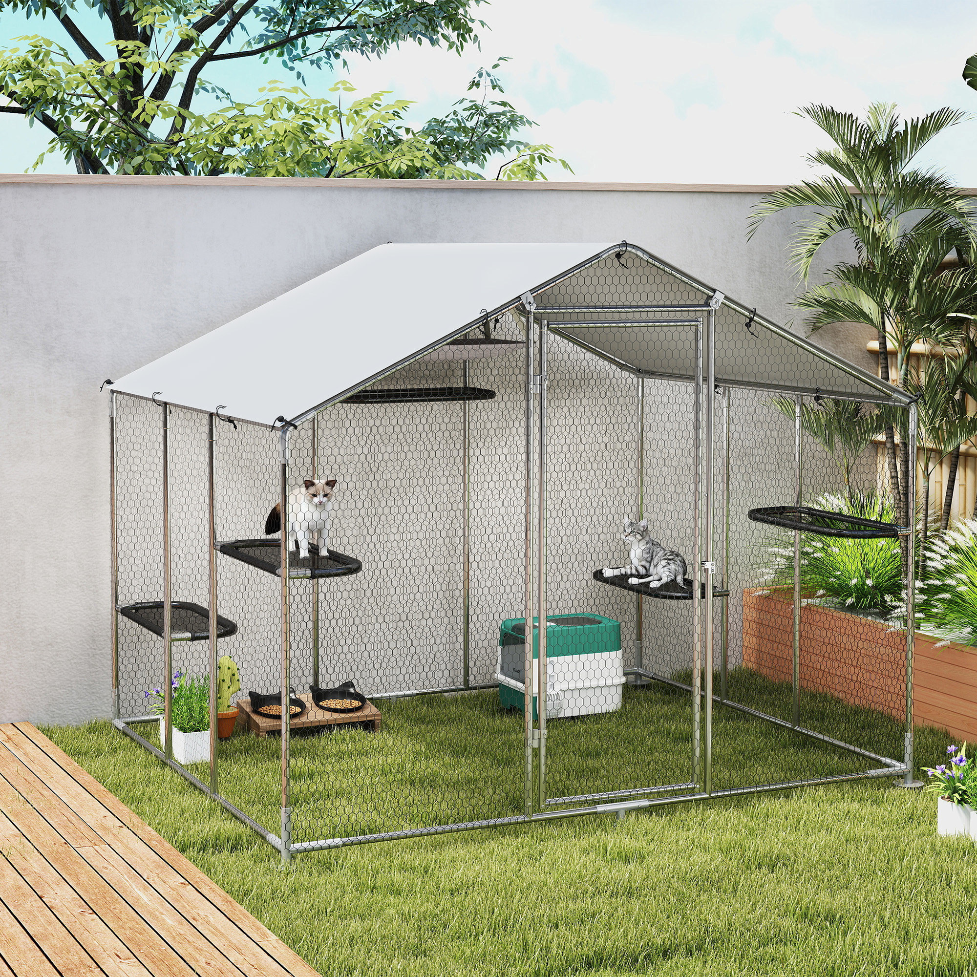 Large Catio Outdoor Cat Enclosure with Waterproof Cover, Walk-in Cat Patio w/ 5 Adjustable Platforms & Hammock 94.5" L