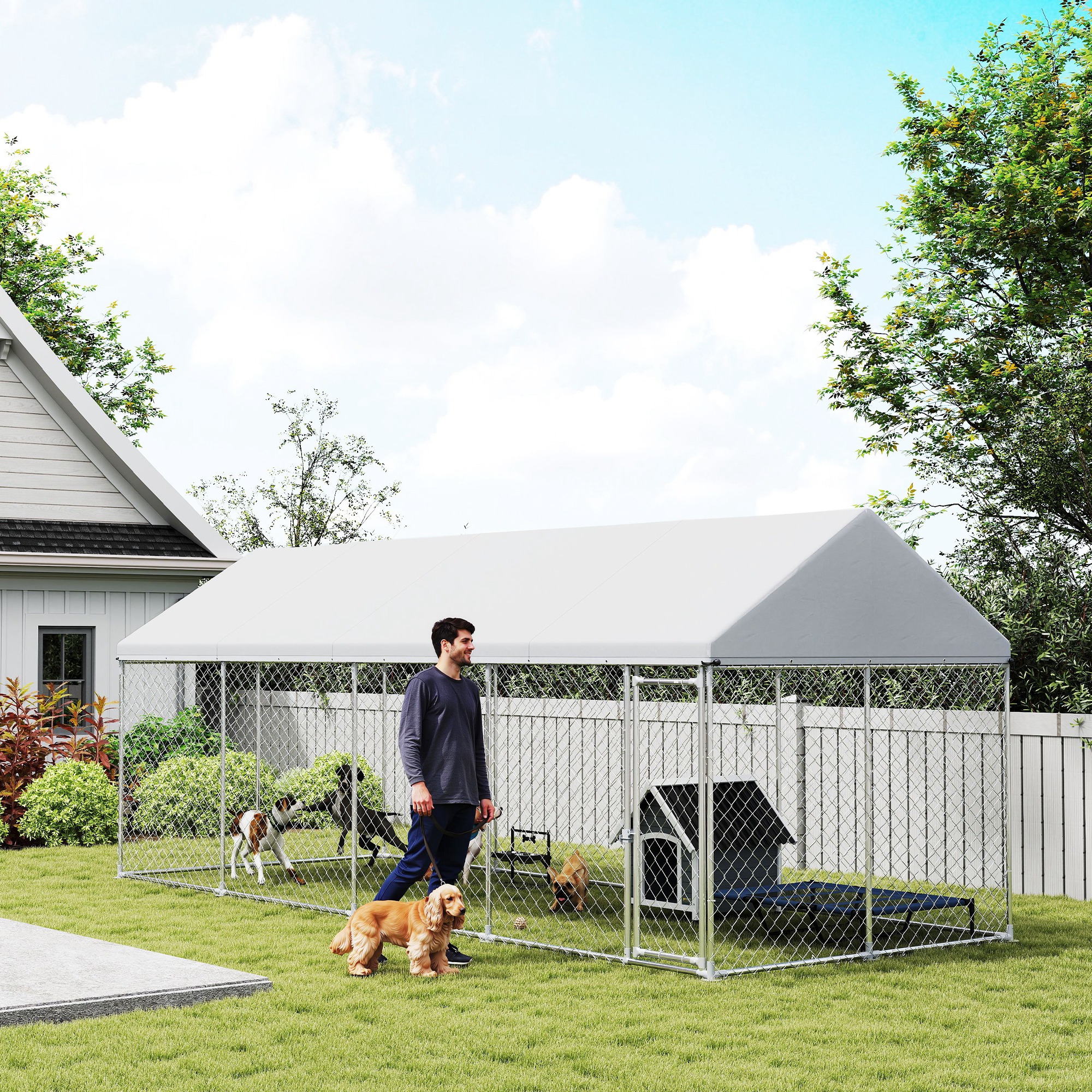 Heavy Duty Outdoor Dog Kennel with Waterproof Roof, Secure Latch, Chain Link Dog Run for Backyard, 19.7' x 7.5' x 7.9'