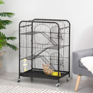 Rolling Small Animal Cage 36.6" Pet Rabbit Ferret Playpen, Animal Supply Kit Metal Black for Bunny, Pet Mink, Chinchilla