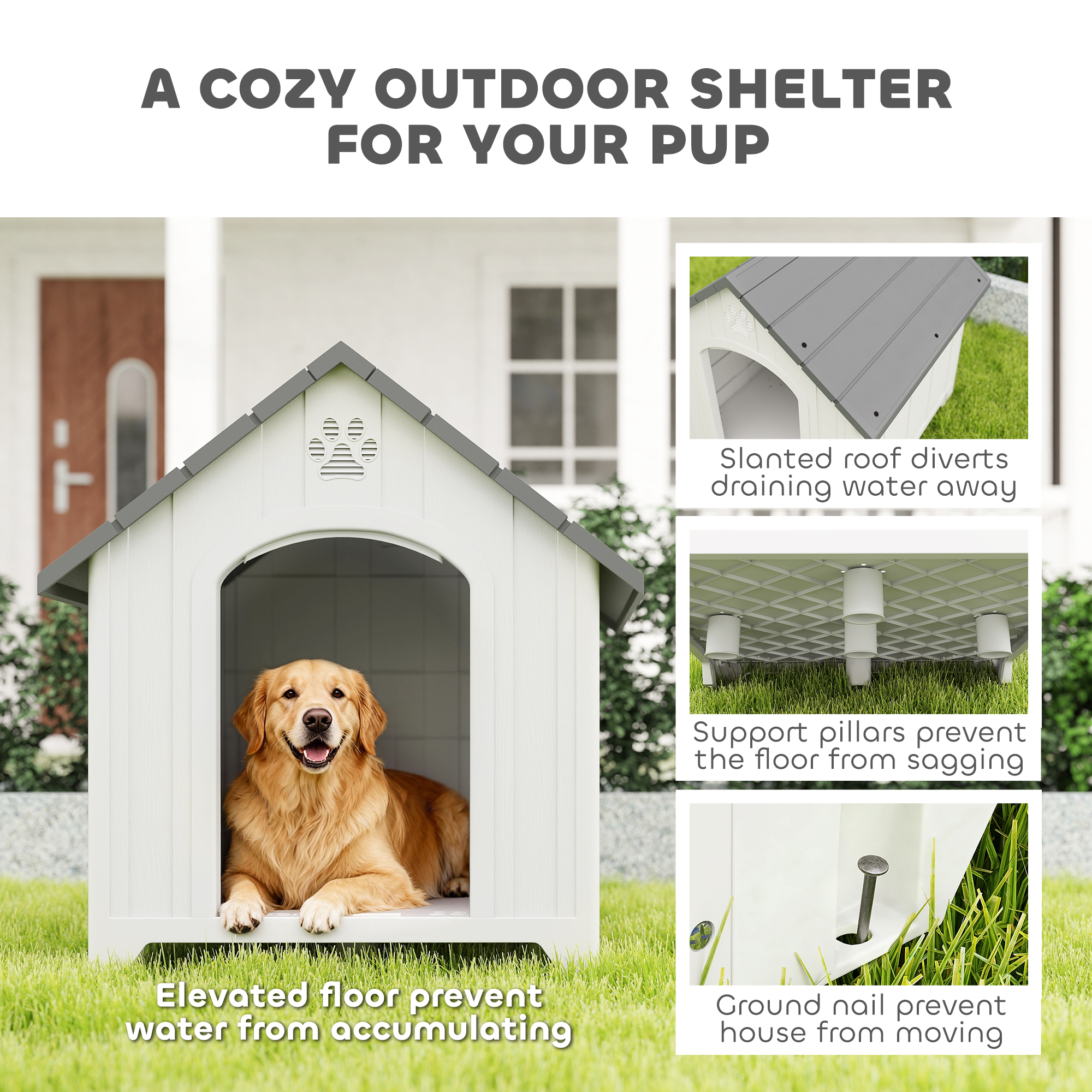 Large Plastic Dog House Outdoor Indoor, Water Resistant Puppy Shelter with Base Support, 34.6" L x 31.1" W x 35" H