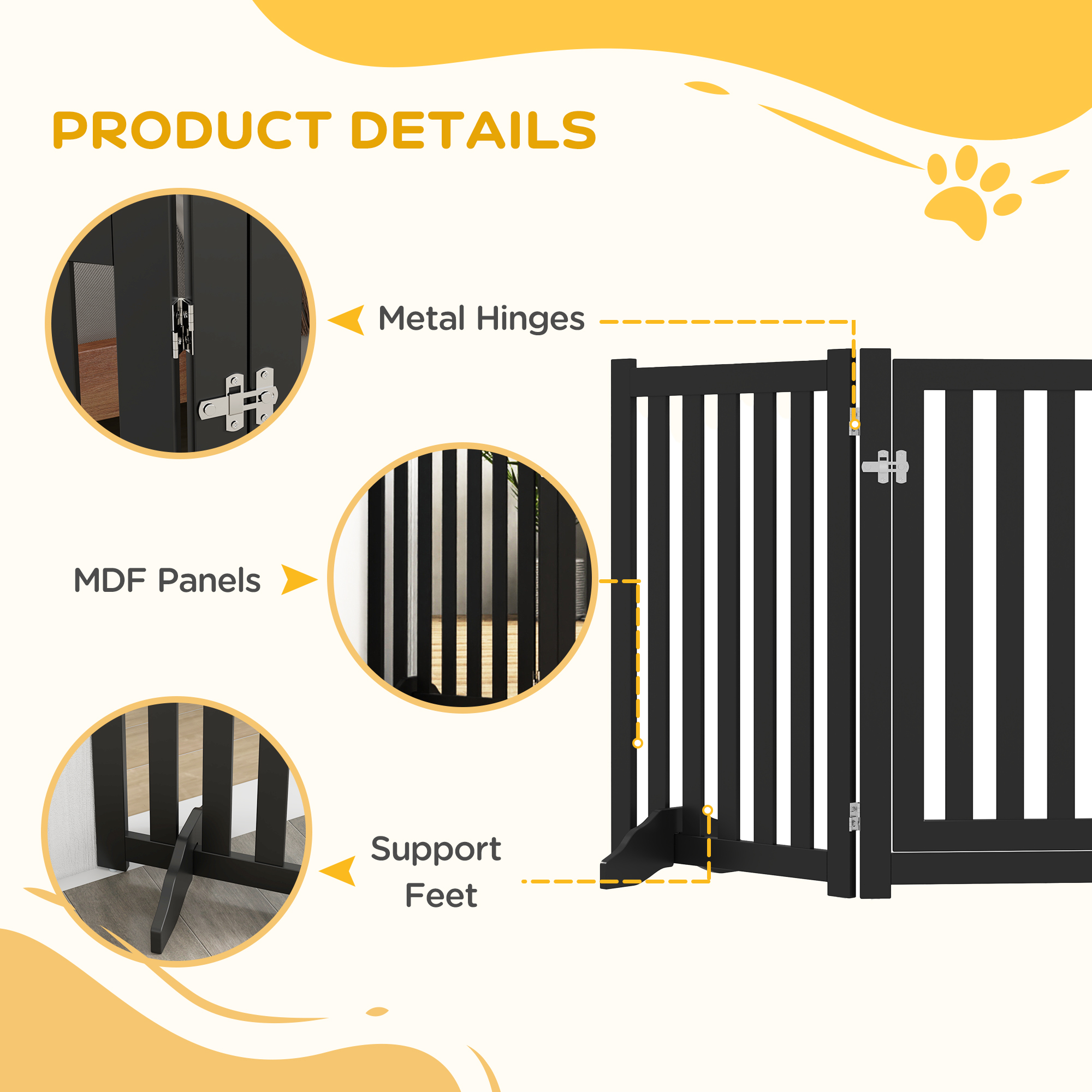 3-Panel Foldable Dog Gate with Feet for Medium Dogs and Below, Black - Image 7