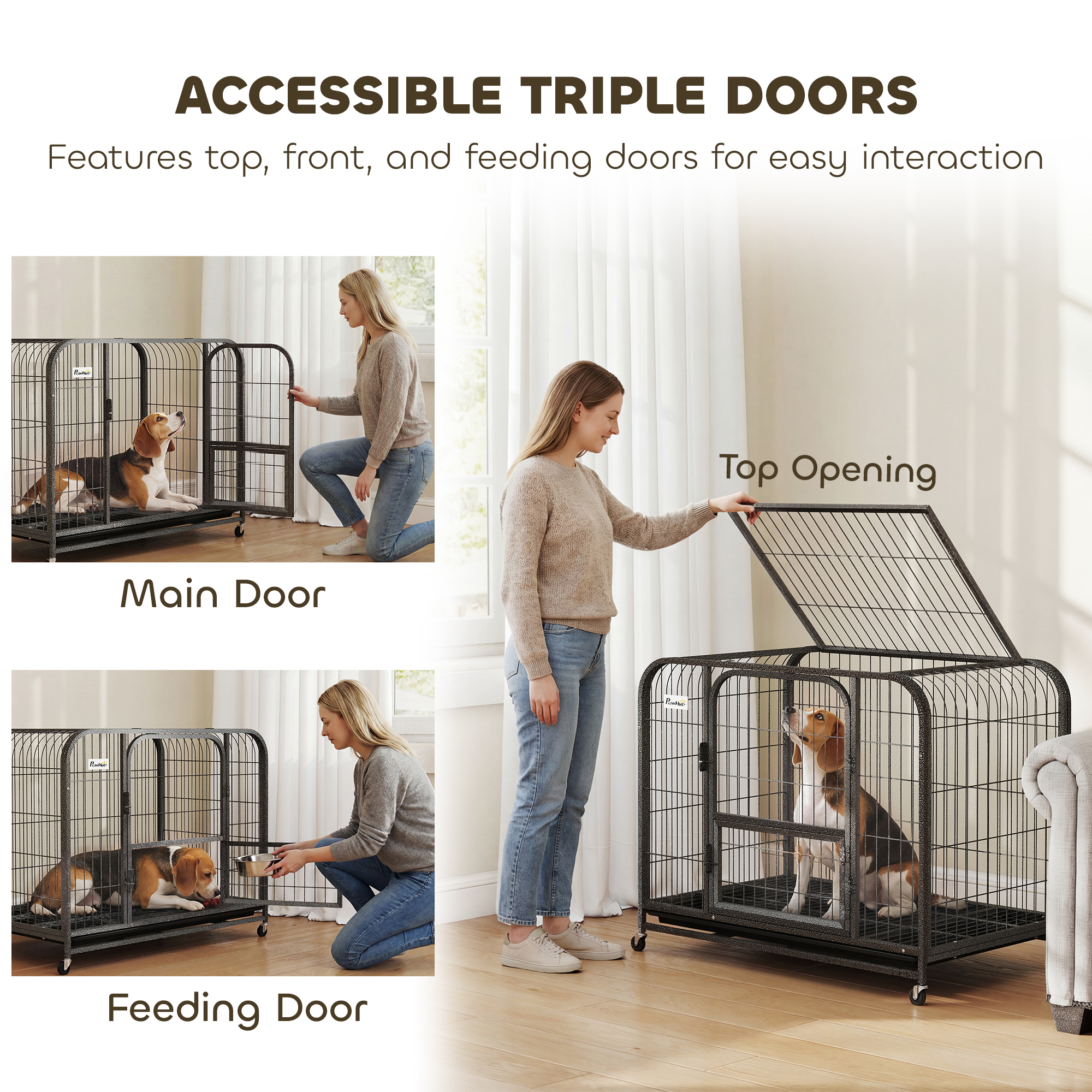 37 Inch Heavy Duty Dog Crate, Large Metal Dog Cage with Lockable Wheels and Removable Tray