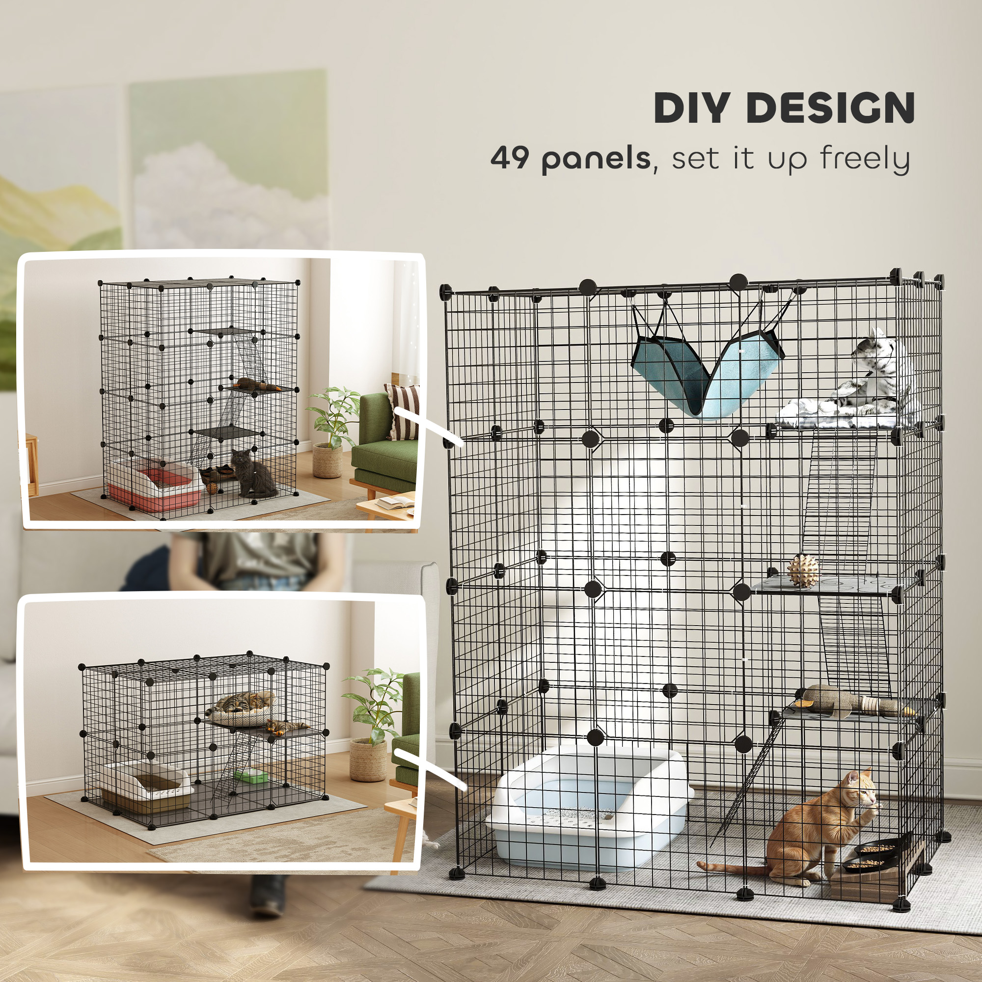 4-Tier DIY Large Cat Cage with Hammock, Platforms, Ramps, Accessories for 1-3 Cats, Indoor Use, Black