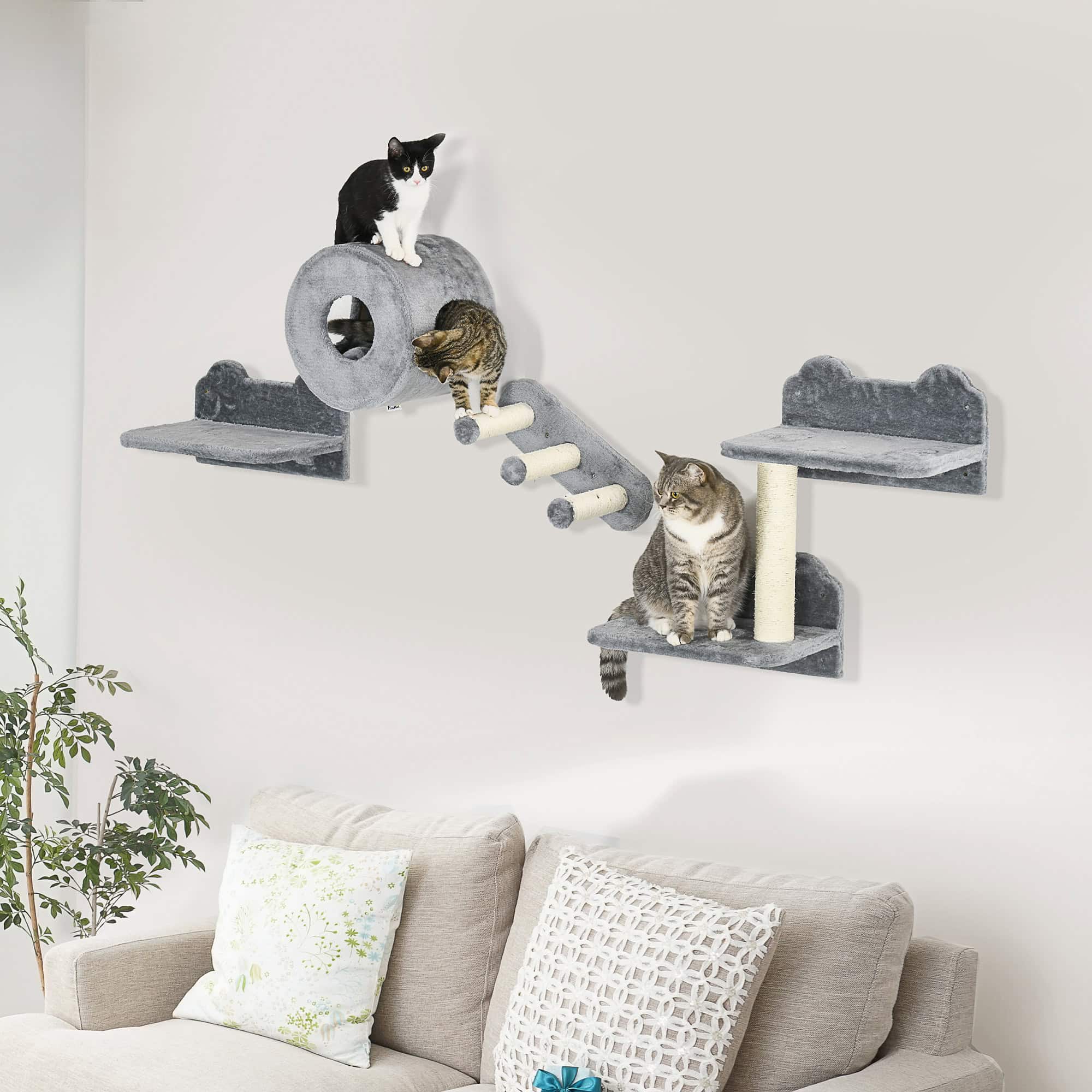 4 PCs 9.3" H Cat Wall Shelves, Pet Wall-mounted Climbing Shelf Set, Kitten Activity Centre with Condo, Cushion, Scratching Post, Jumping Platform, Grey - Image 8