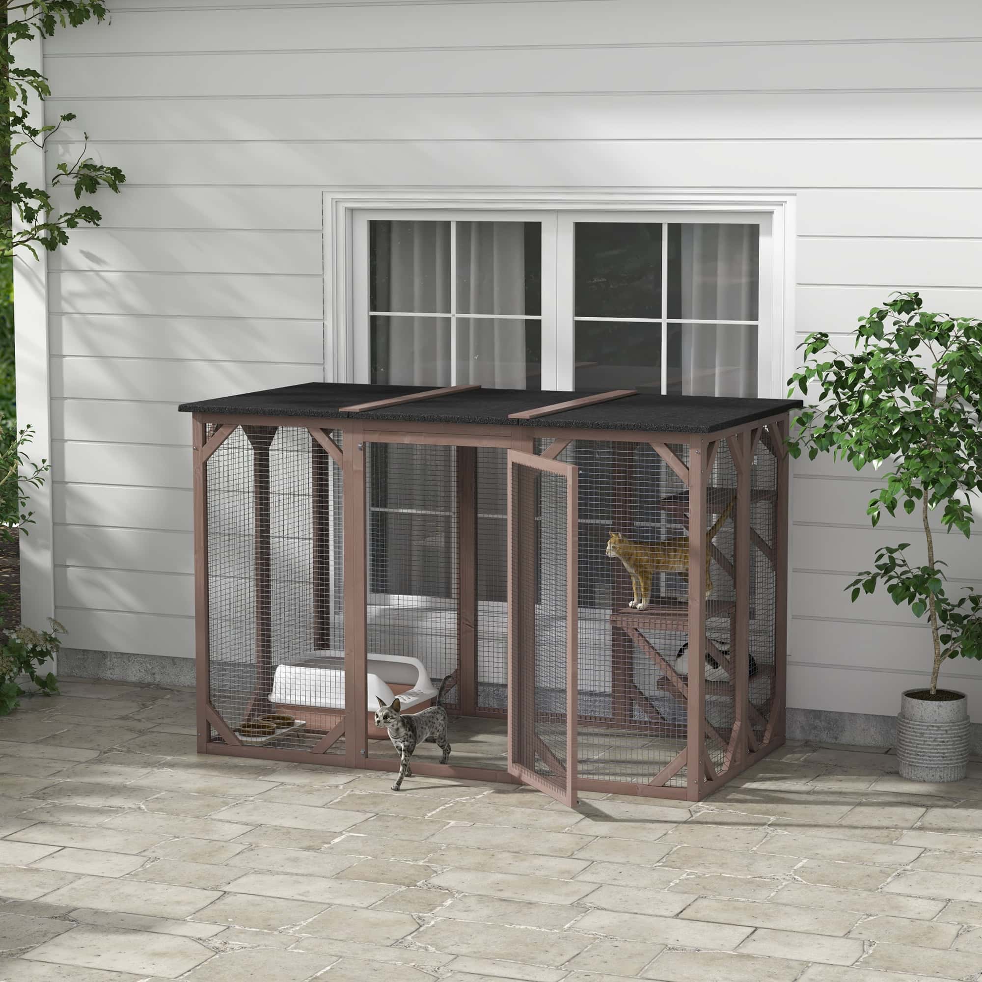 71"L Catio Outdoor Cat Enclosure, Indoor Cat Cage, Pet House, Small Animal Hutch for 1-2 Rabbit, Kitten, Kitty Crate Kennel w/ Waterproof Roof, Multi-Level Platforms, Brown - Image 8