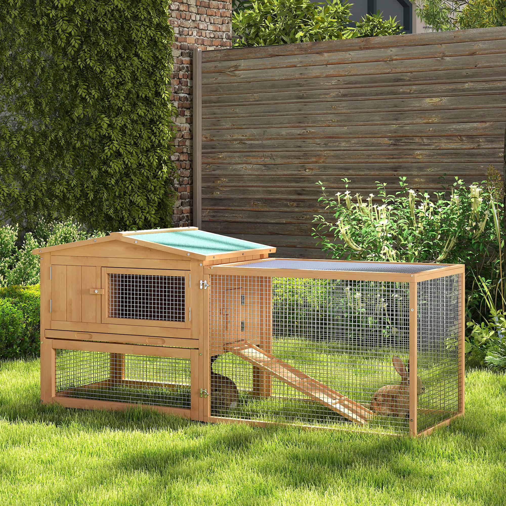 62'' L 2-Story Rabbit Hutch Bunny Cage Small Animal House with Pull Out Tray, Detachable Run, Ramp, for Indoor Outdoor, Natural