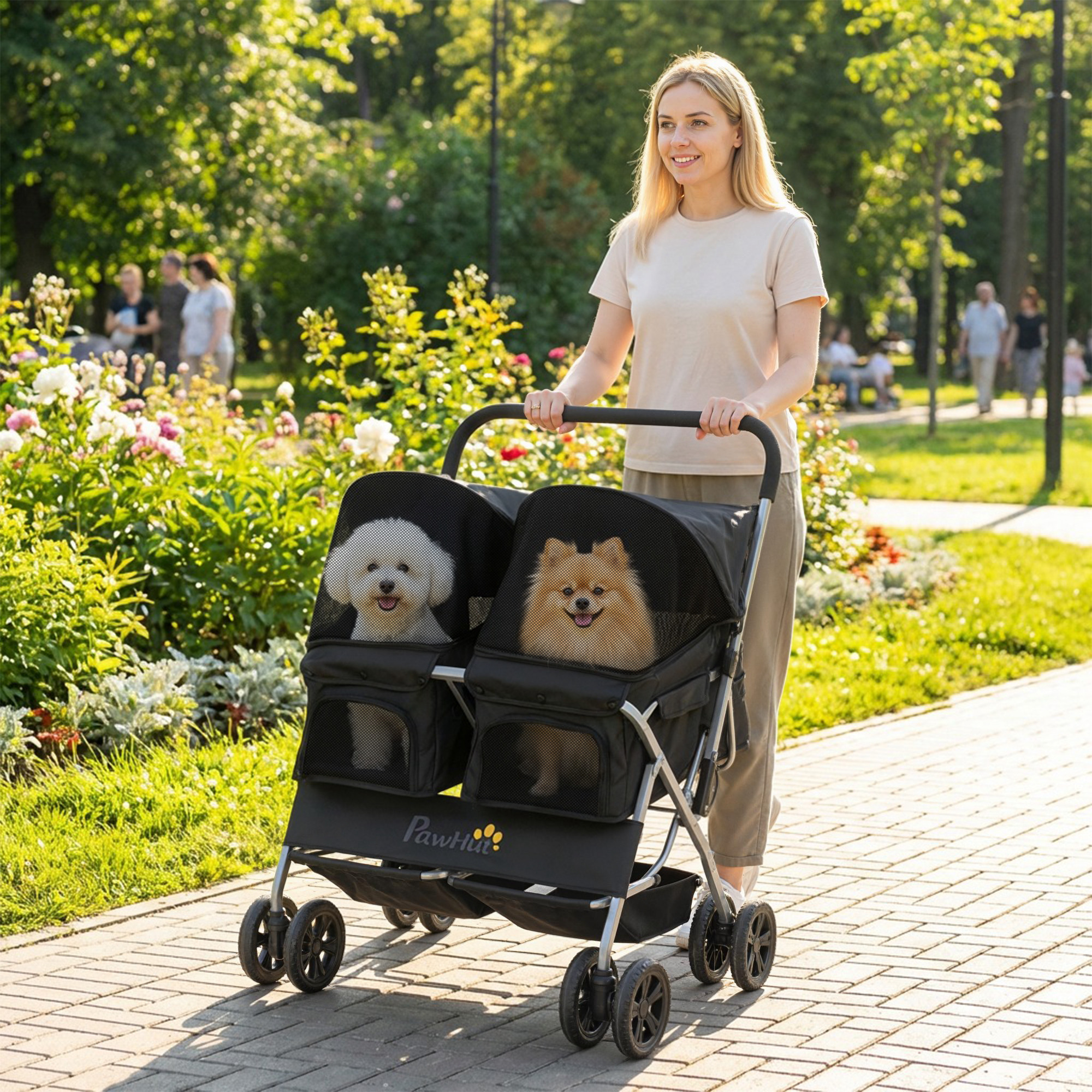 Double Pet Stroller, Foldable Dog Stroller with 2-Seater Carrier, Sunshade, Removable Pad, Safety Belt, Storage Basket
