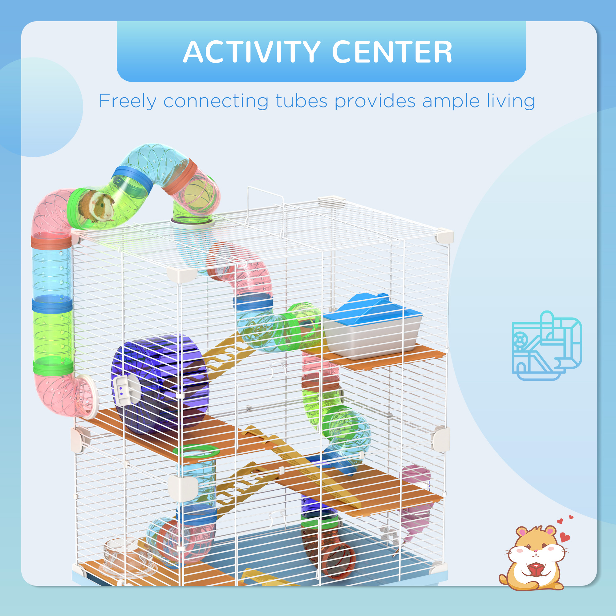 5 Tiers Hamster Cage Portable with Exercise Wheels Play Tube Water Bottle Dishes House Ladder for Gerbils, Light Blue