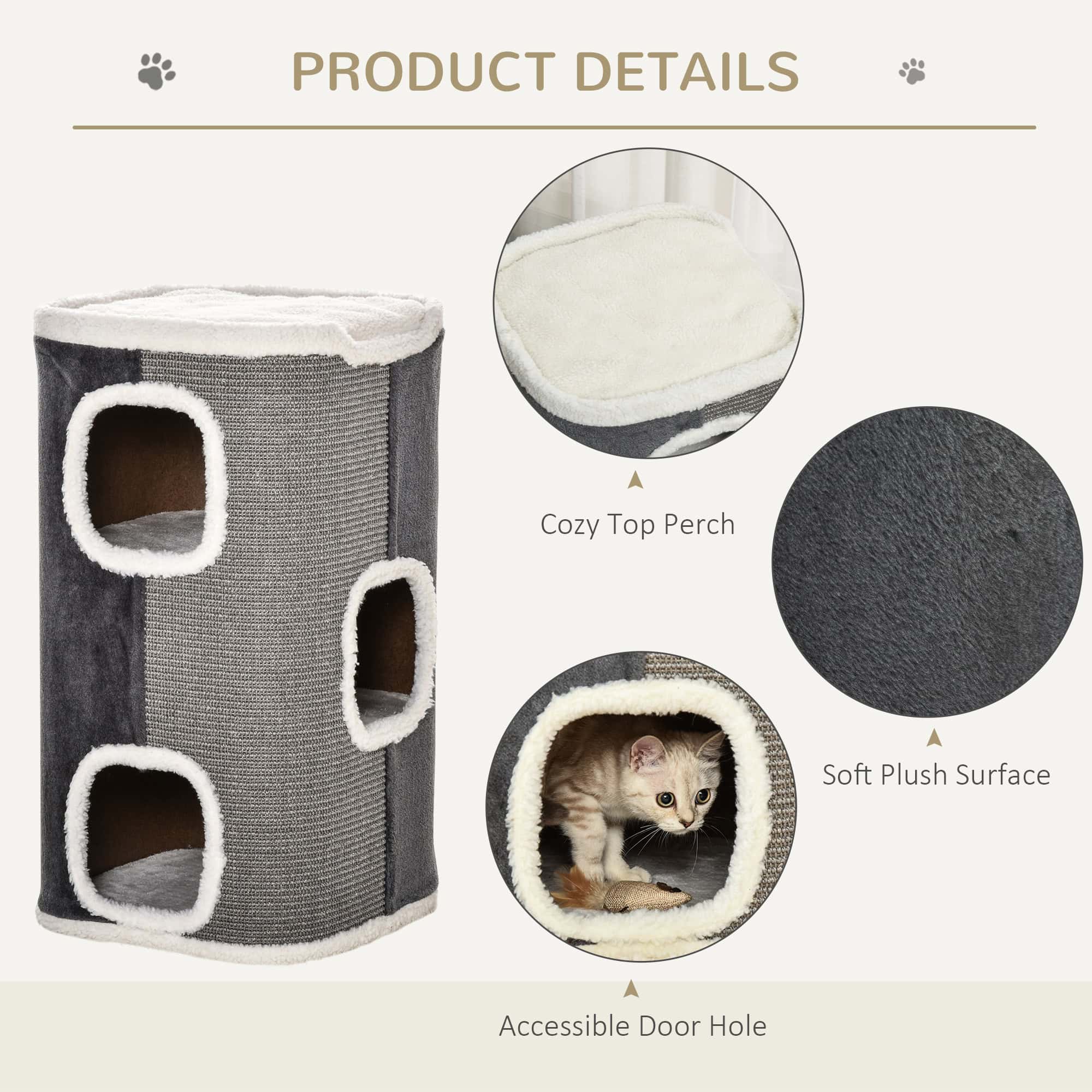 4-Story Cat House for Indoor, Cat Condo with Sisal Scratching Surface, Removable Cushion, 16" x 16" x 29", Grey