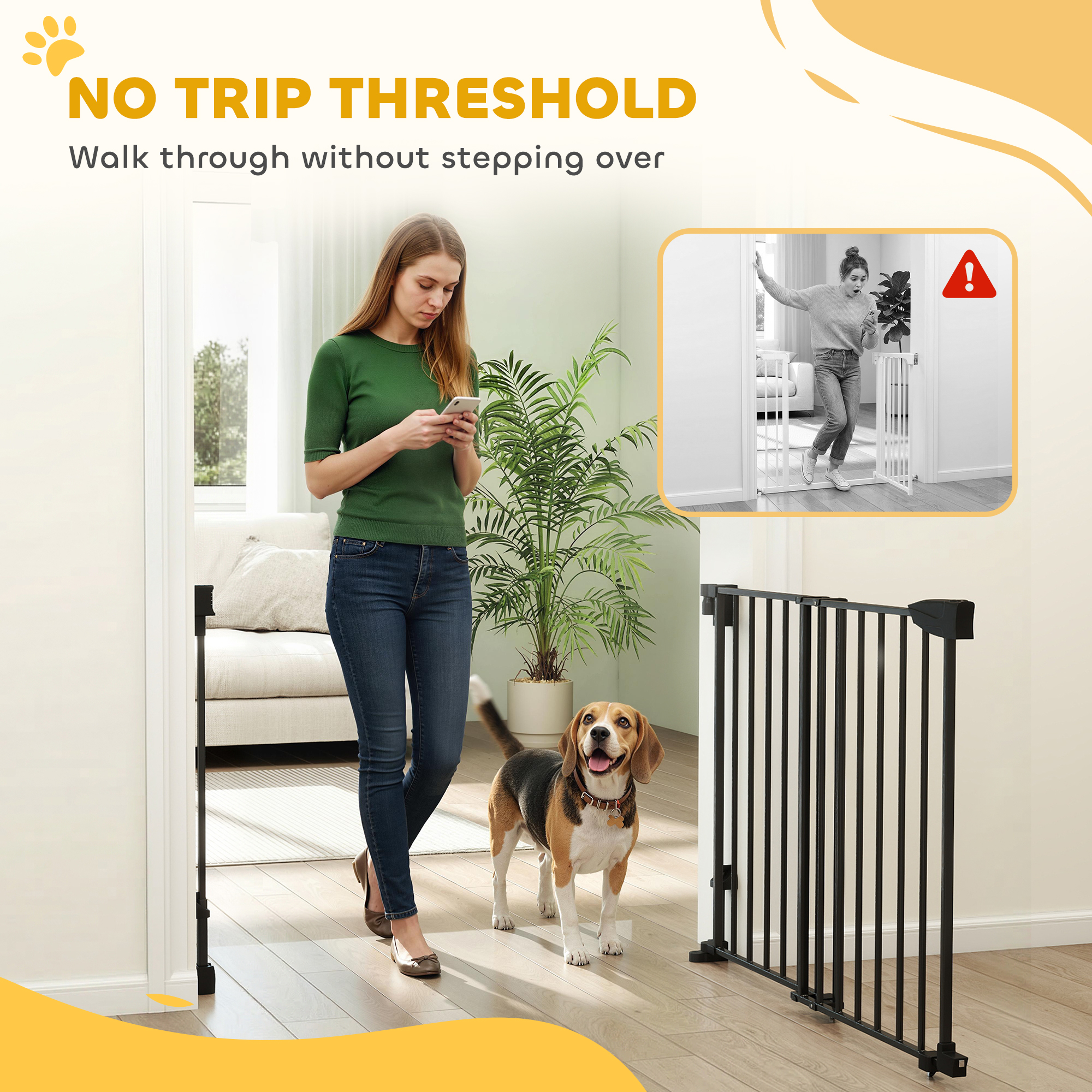 29"-44" Wide Dog Gate, 29" H, Pet Gate with Auto-Close, Single Hand Operation, Wall-Mounted, No-Threshold Design