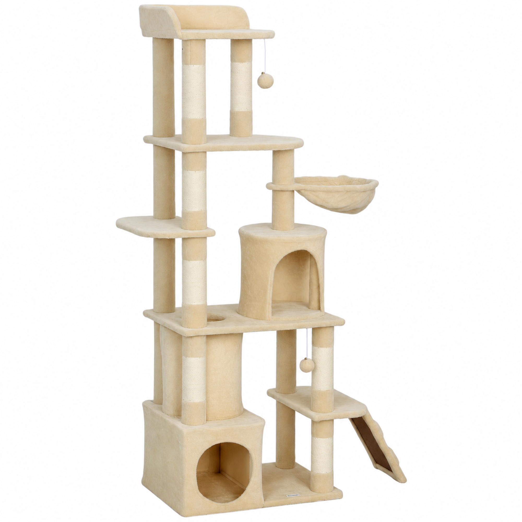 67" Large Cat Tree with 7 Scratching Posts, Tunnel, 2 Condos, Hammock, Perch, Ramp, Pompoms, Beige