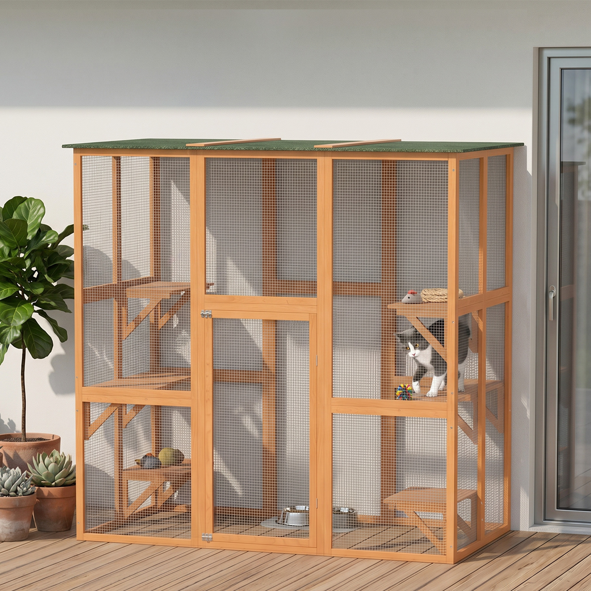 71" x 39" x 71" Cat Cage, Large Outdoor Wooden Cat Patio with 6 Balanced Platforms and Asphalt Roof, Orange