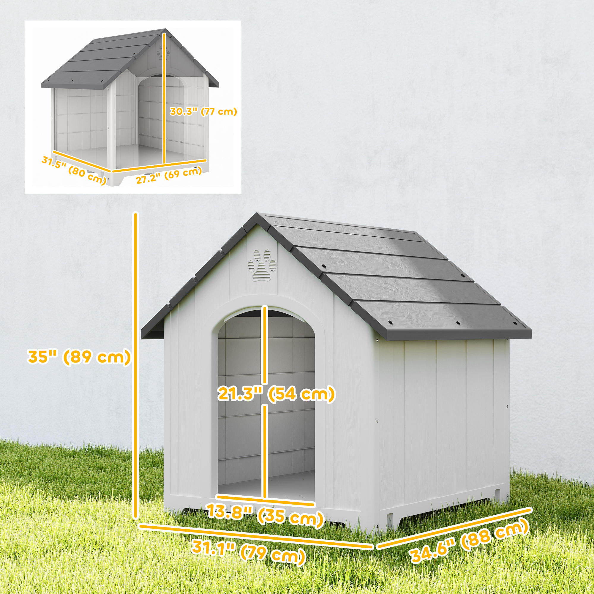 Large Plastic Dog House Outdoor Indoor, Water Resistant Puppy Shelter with Base Support, 34.6" L x 31.1" W x 35" H