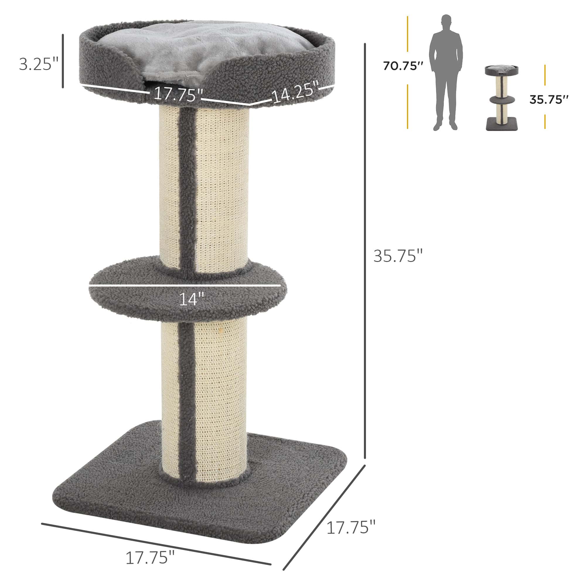Cat Tree Kitty Tower with Sisal Mat Scratching Post, Cat Bed, Cushion, Perch, 18" x 18" x 36", Grey - Image 3