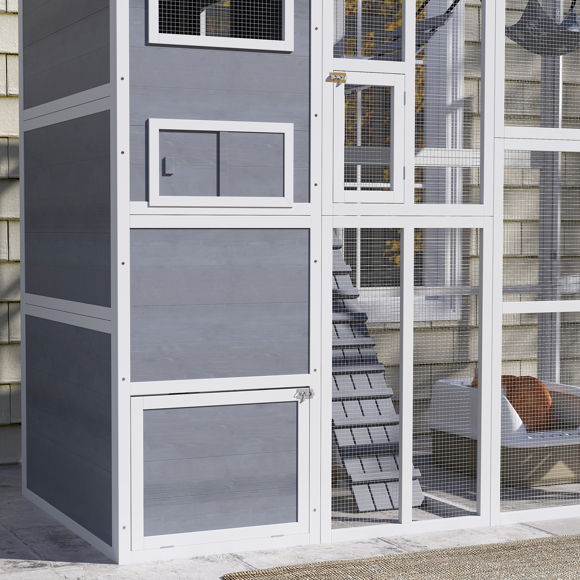 76" Catio Outdoor Cat Enclosure with Cat Condo, Jumping Platforms, Ladder, Ramps, Hammock for 2-3 Indoor Cats, Grey