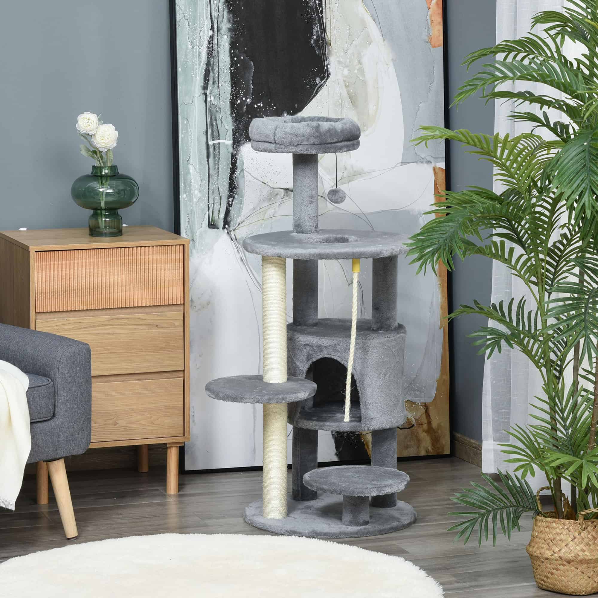 41" Cat Tree Tower Activity Center with Condo, Scratching Posts and Hanging Toys, Dark Grey