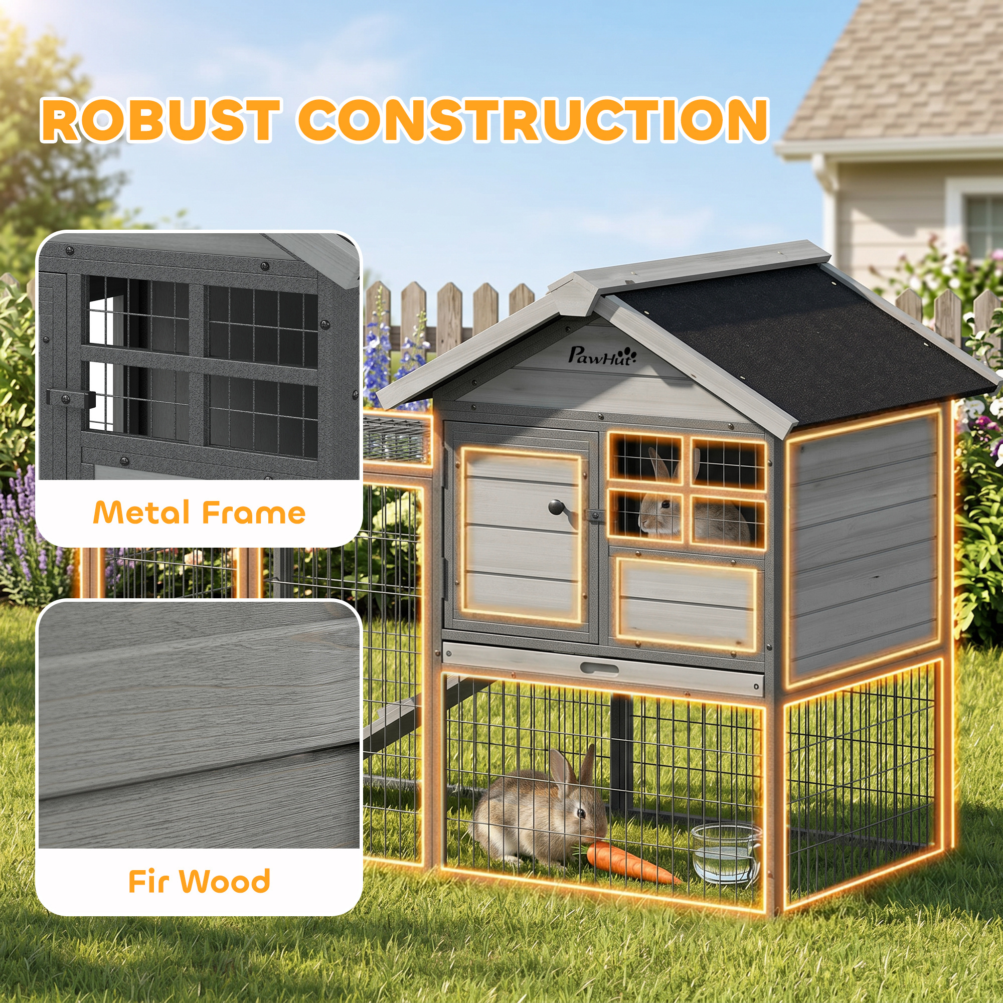 Rabbit Hutch Outdoor, 48"L Large Wooden Bunny Cage with Run, Grey