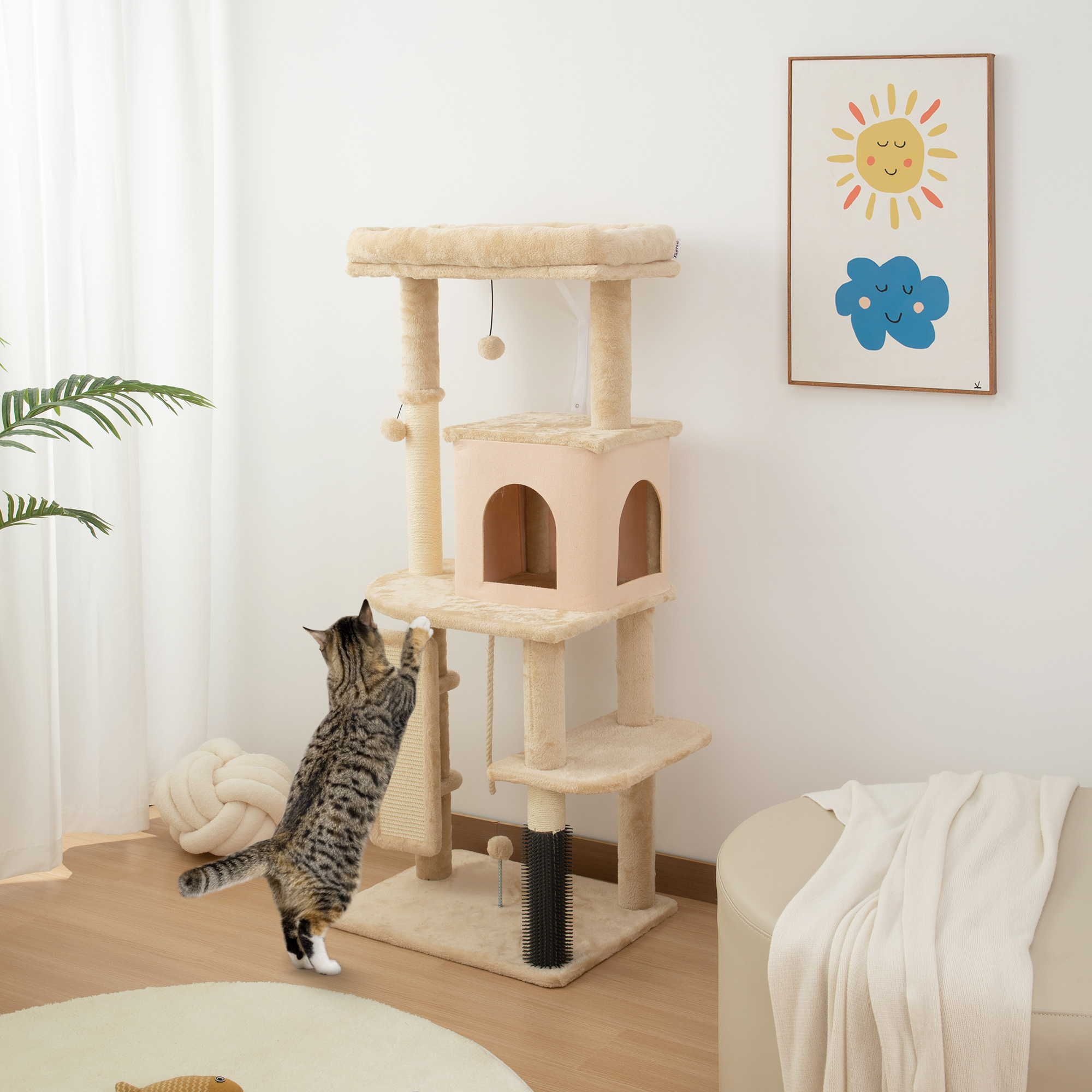 52 Inch Cat Tree with Scratching Posts, Cat Bed, Condo, Grooming Brush, Jumping Platforms, Toy Balls, Anti-tip Kit