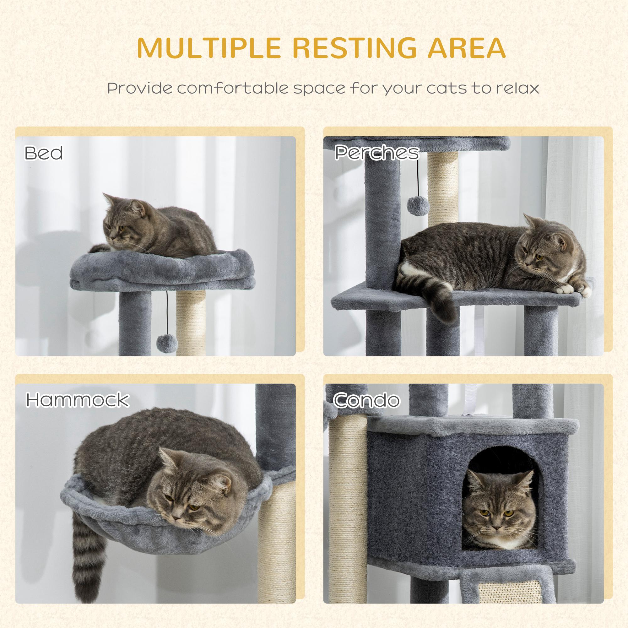 50 Inch Cat Tree, Multi-Level Cat Tower with Sisal Scratching Posts and Ramp, Bed, Condo, Hammock, Toy Ball, Grey