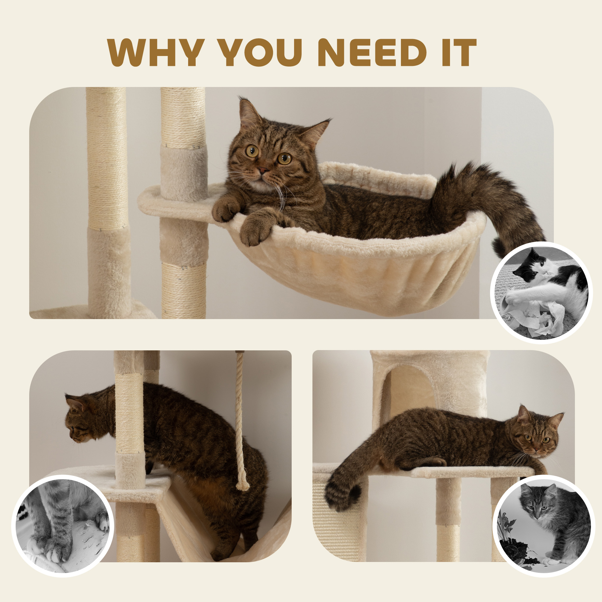 81" Large Cat Tree w/ Scratching Posts, Condos, Beds, Hammocks, Jumping Platforms, Toy Balls, Rope Cat Toy, Beige