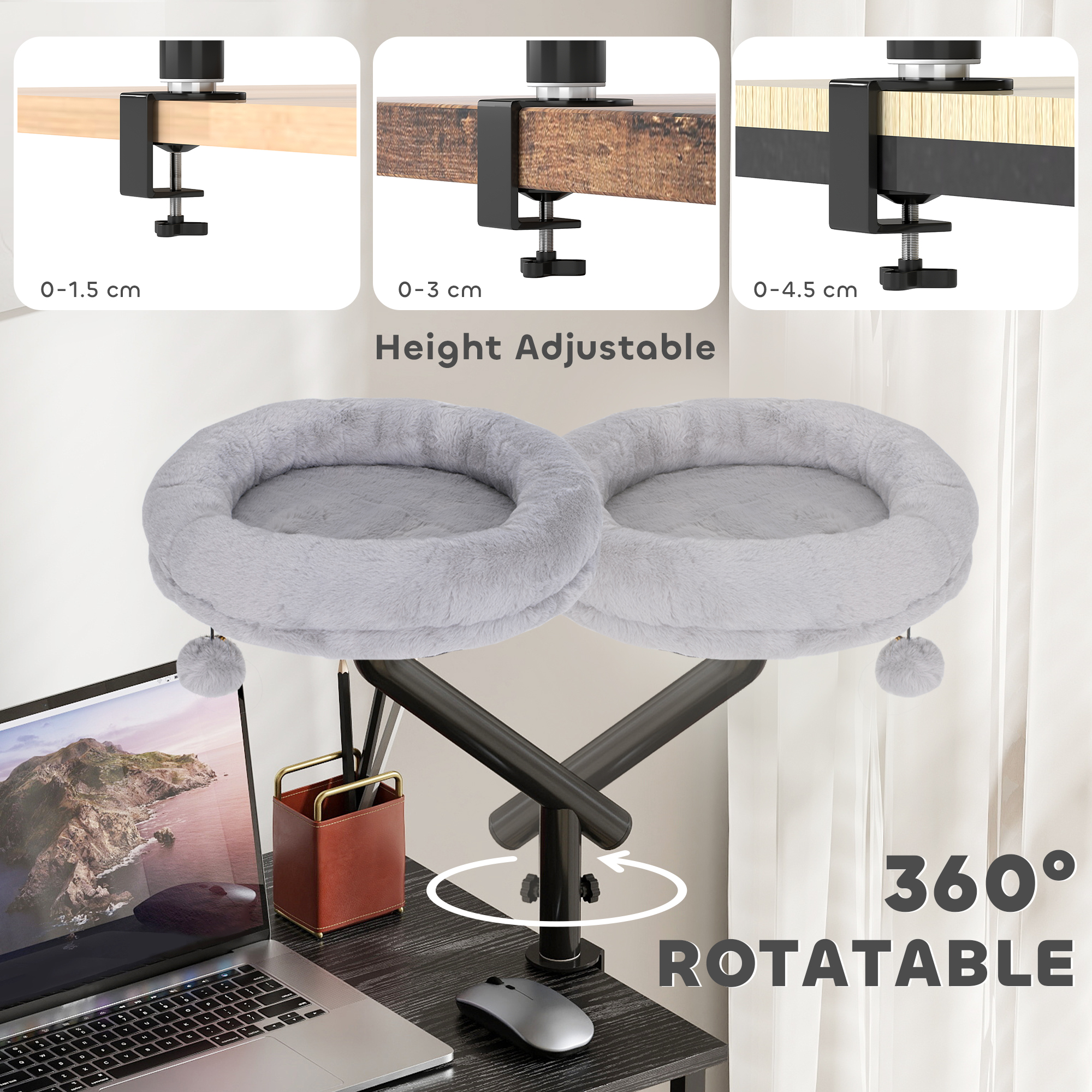 Cat Desk Bed 360° Rotatable Adjustable Height for Home Office Work Window