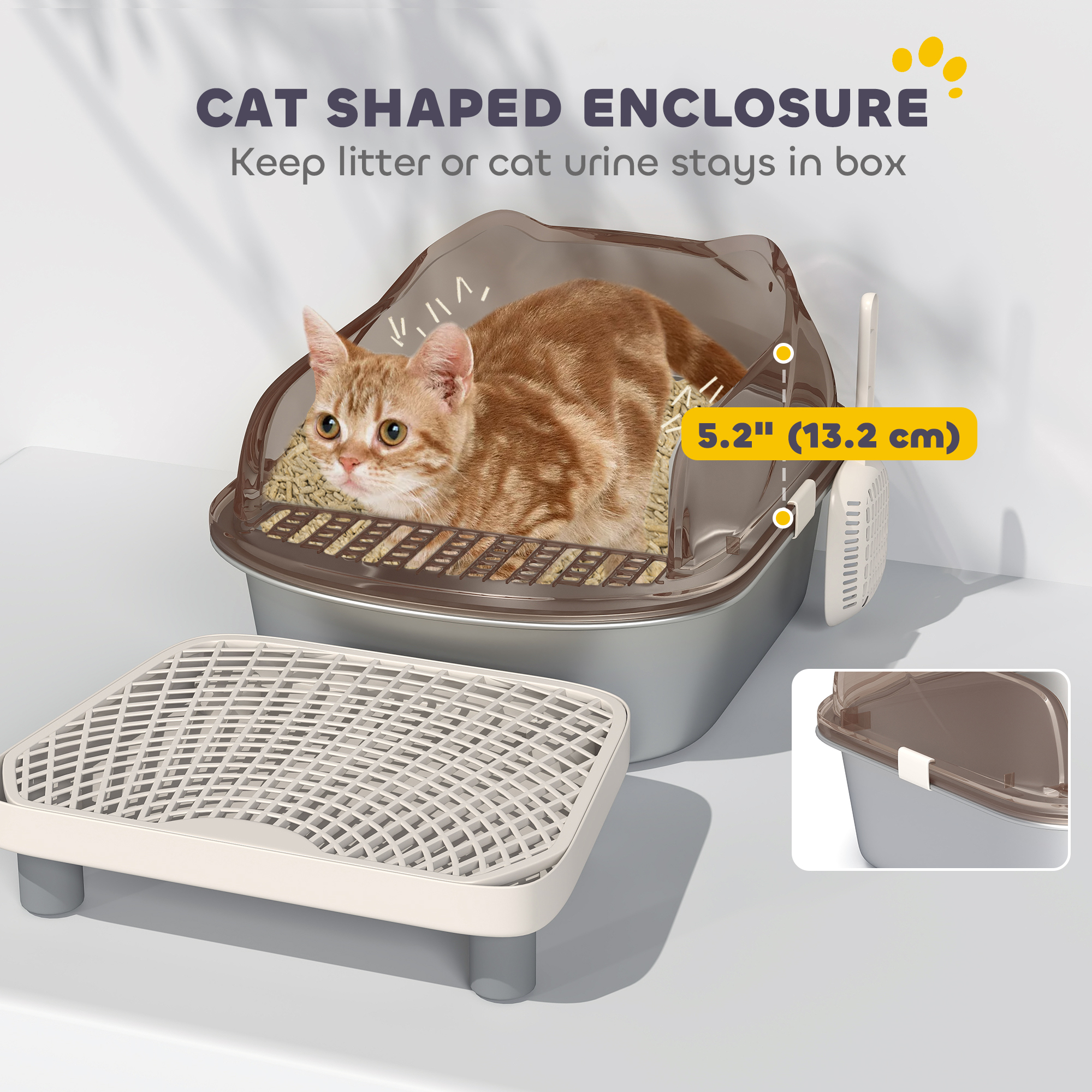 Stainless Steel Cat Litter Box with High Sided Enclosure, Step, Scoop, Non-Sticky & Anti-Urine Leakage, Easy Cleaning