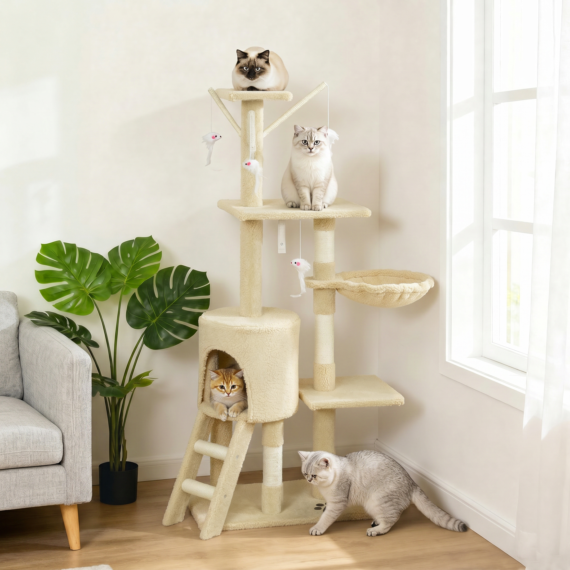 53" Cat Tree Tower, Kitten Activity Centre with Scratching Posts, Condo, Perches, Ladder, Hammock, Dangling Toys, Beige