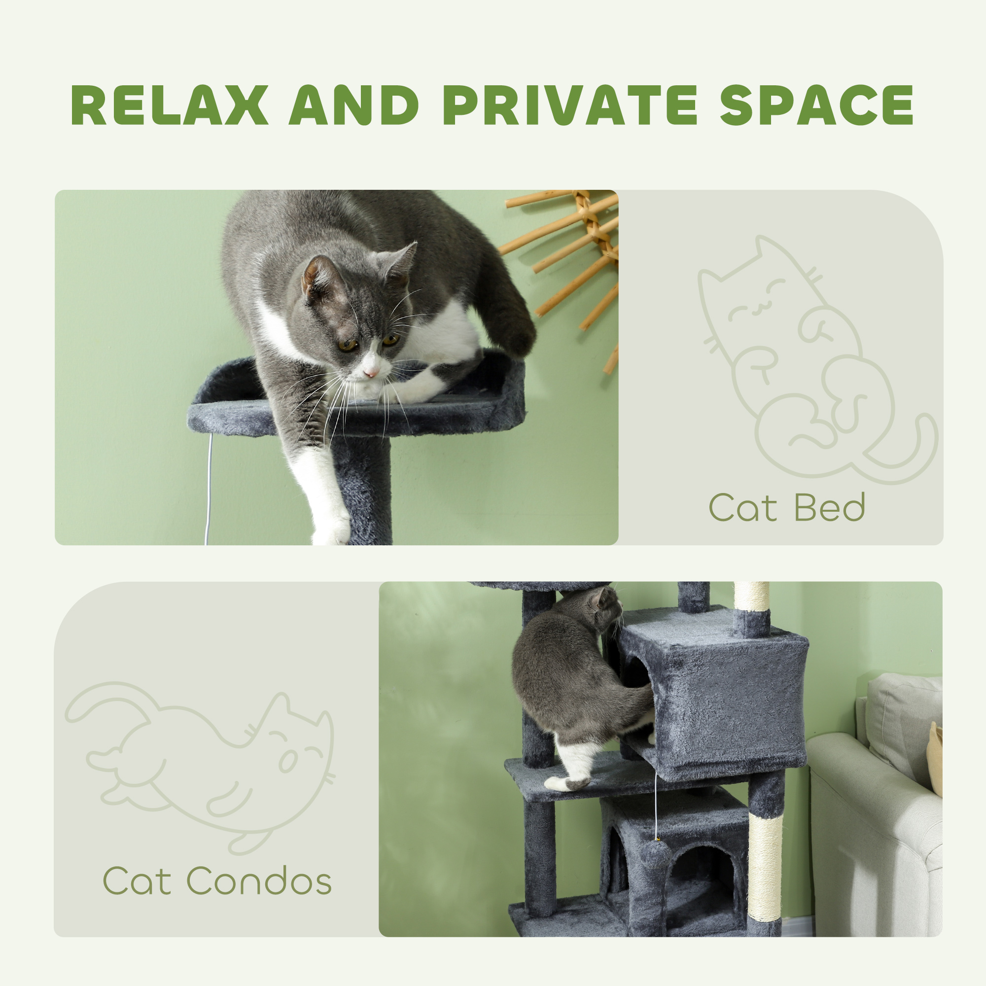 54" Cat Tree, Multi-Level Cat Tower with Scratching Posts, Cat Condos, Bed, Platforms, Ramp, Toy Ball, Dark Grey