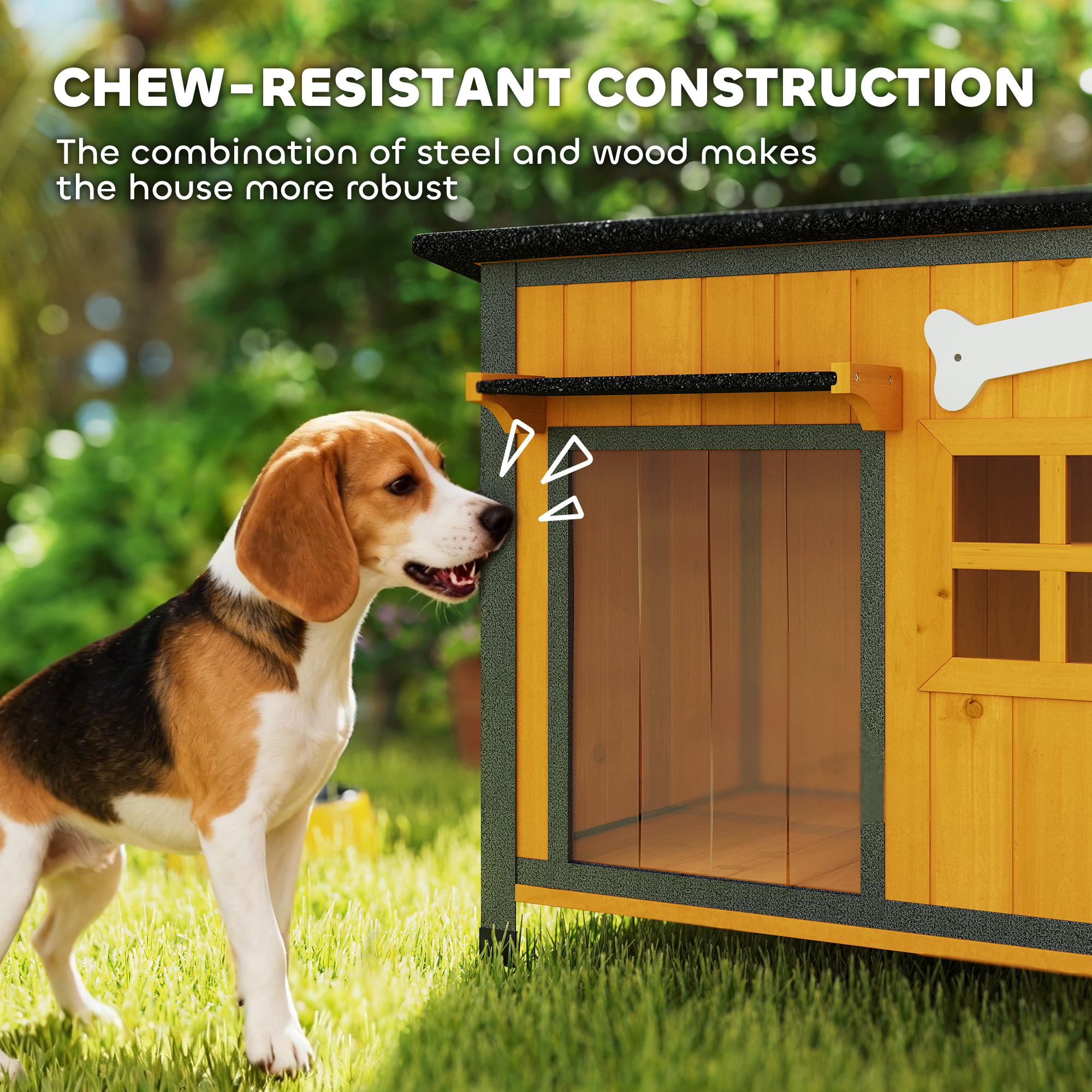 Outdoor Dog House with Anti-Chewing Steel Frame, Openable Roof, Removable Floor, Door Curtain, Yellow