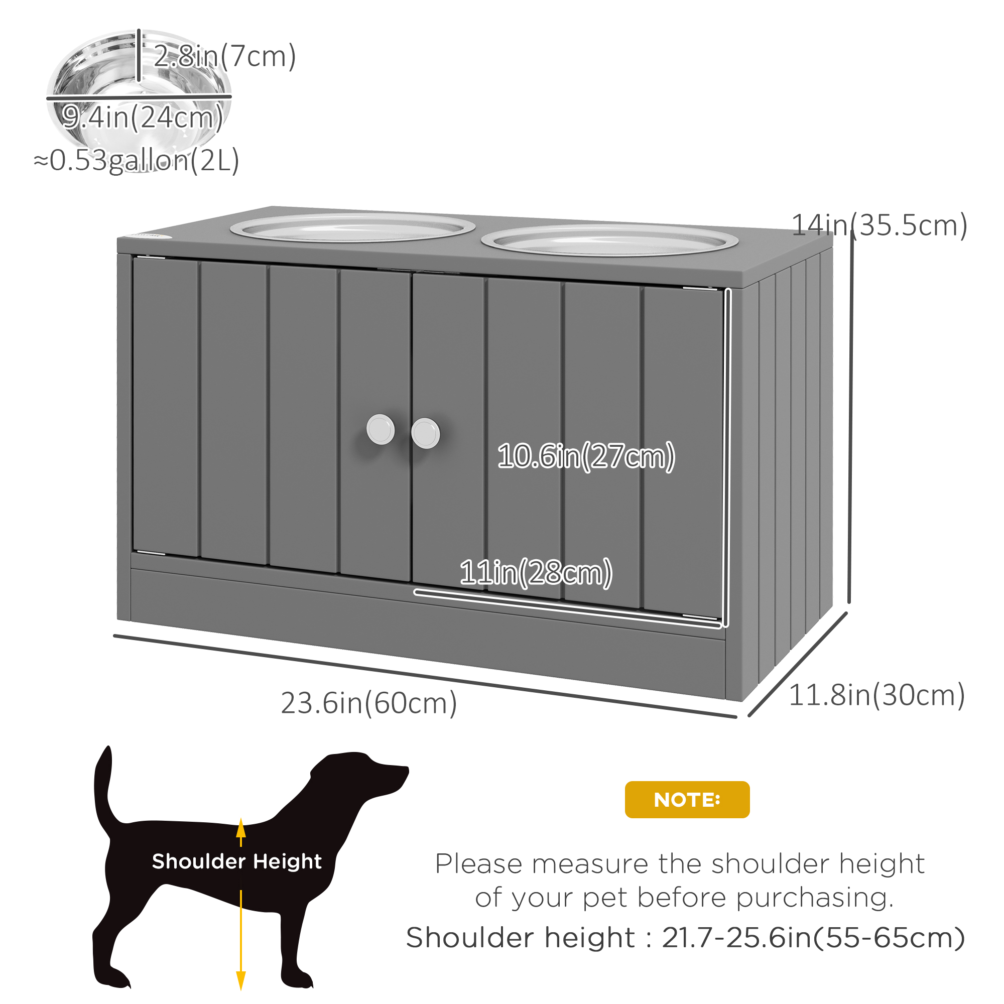 Elevated Dog Bowls for Large Dogs Pet Feeding Station with Stand, Storage, 2 Stainless Steel Food and Water Bowls, Grey