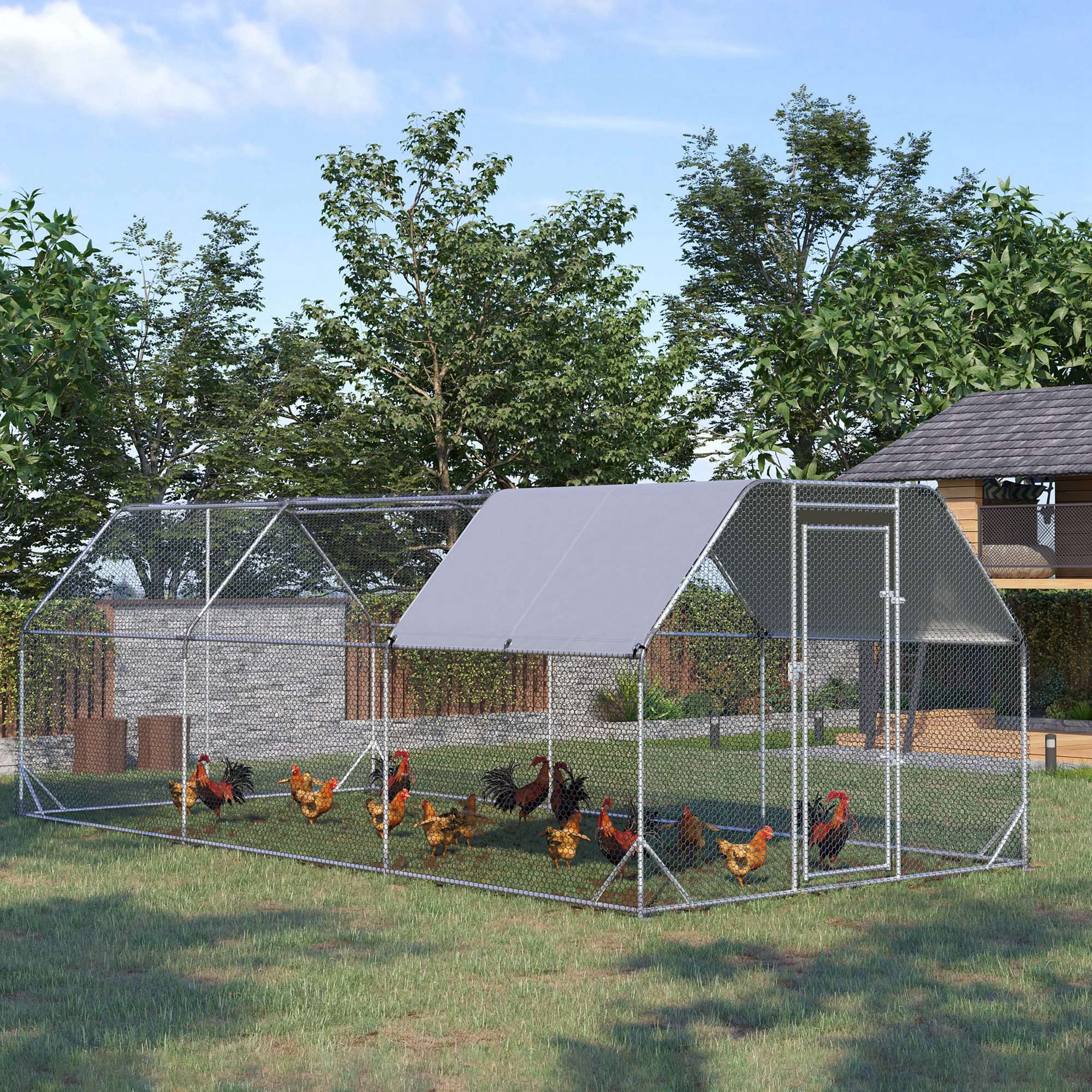 Chicken Run Outdoor, Galvanized Large Metal Chicken Coop Cage, Walk-in Enclosure Poultry Hen Run House Playpen Rabbit Hutch with Flat Roof, Cover, 9.2'x18.7'x6.5', Silver