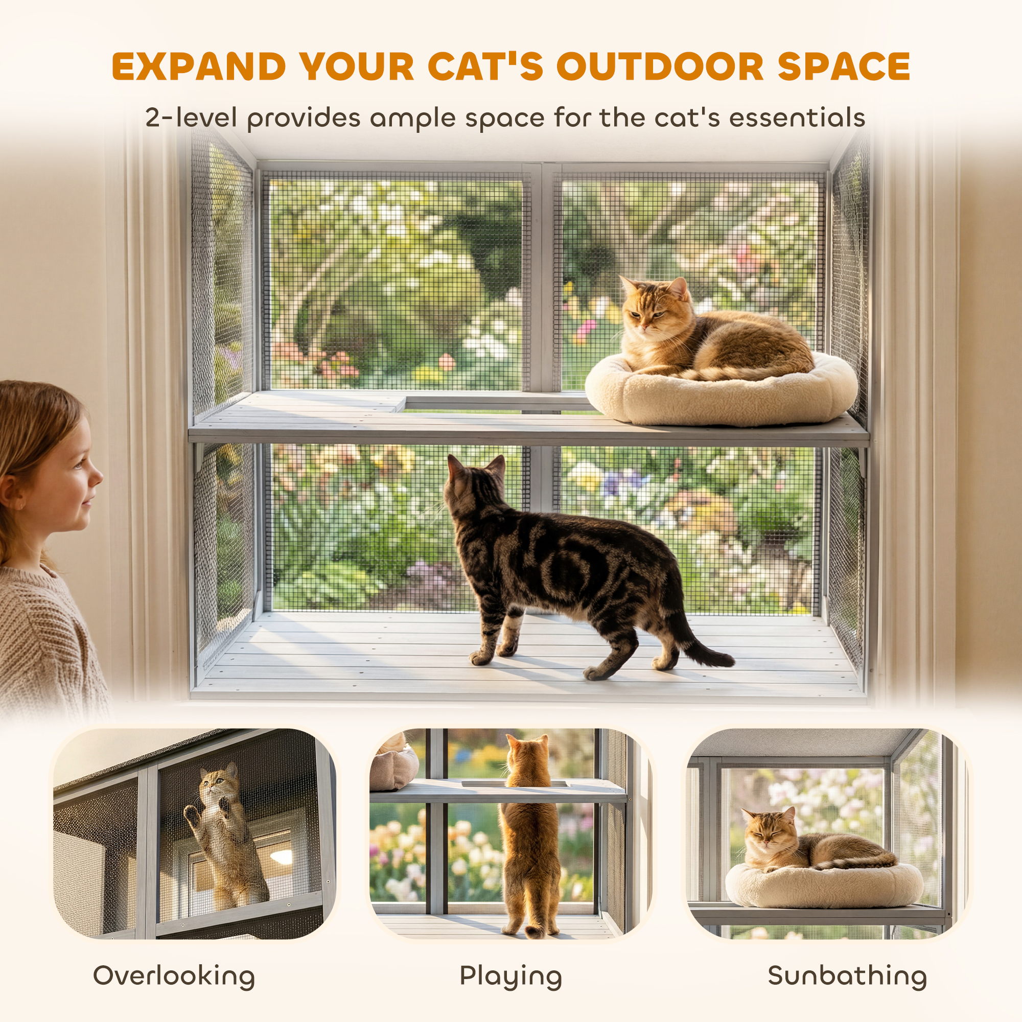 Catio Outdoor Cat Enclosure Wall-Mounted 2-Level Outdoor Cat House with Waterproof Roof 39.4" Grey