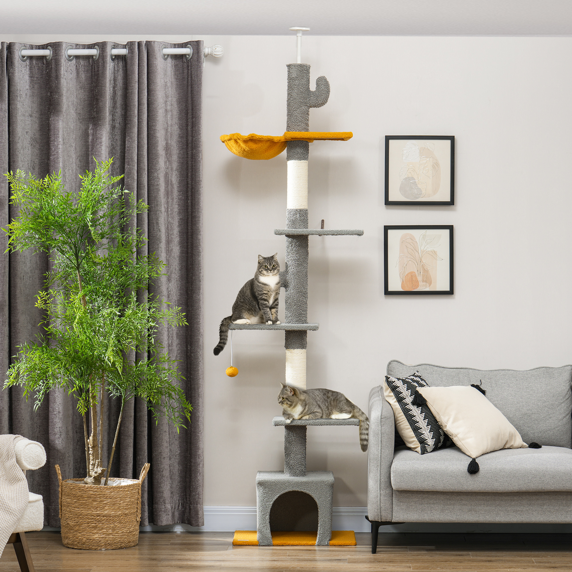 Floor to Ceiling Cat TreeTower with 90.5"-108" Adjustable Height, Scratching Posts, Hammock, Comdo, Toy Ball, Light Grey - Image 8