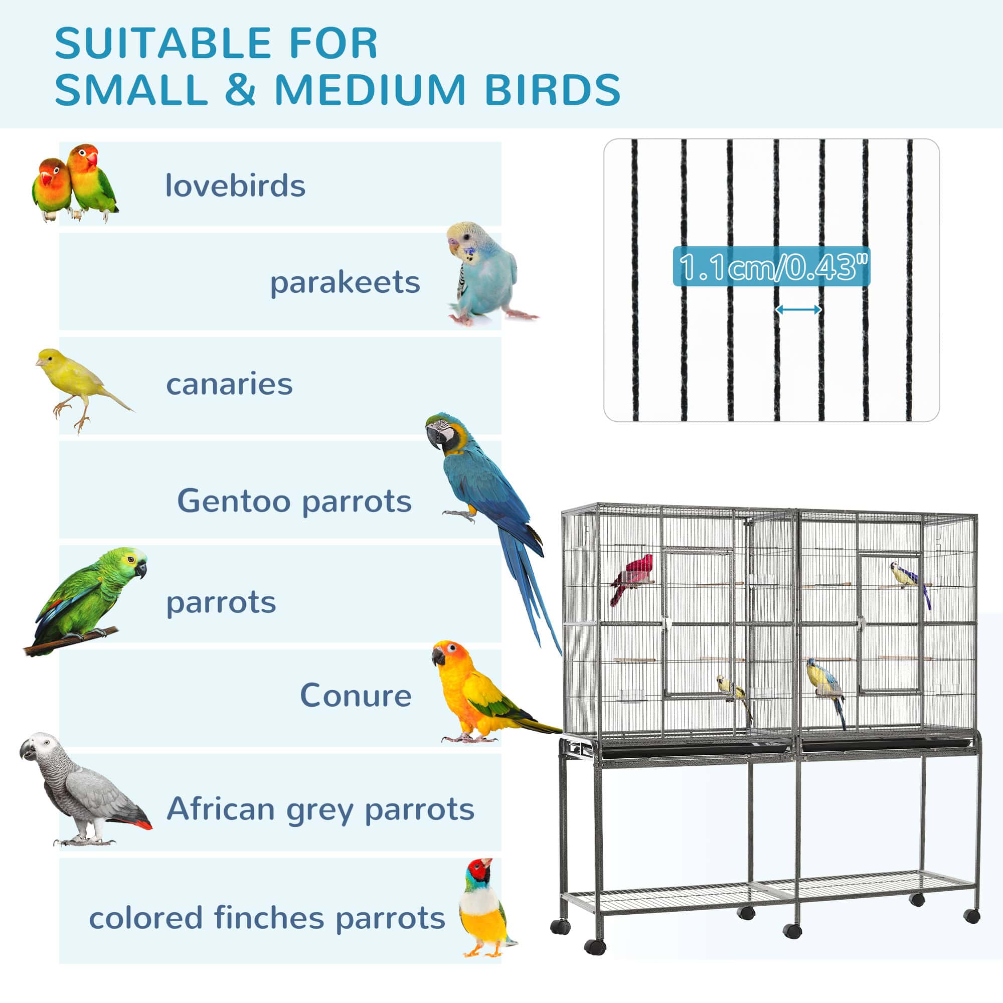 64" Extra Large Bird Cage, Rolling Metal Parrot Cage, Bird House with Detachable Rolling Stand, Storage Shelf, Wood Perch, Food Container, 62.8" x 18.9" x 64.2", Black