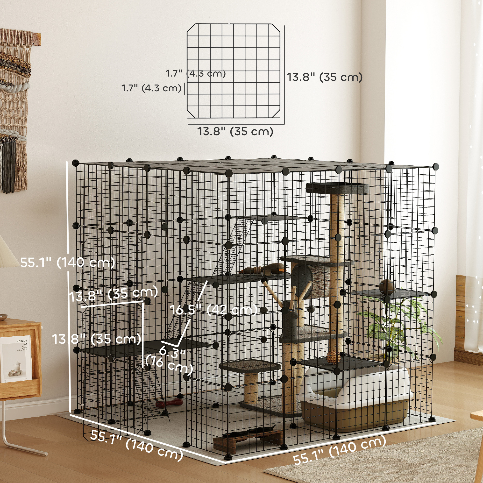 4-Tier 55" Cat Cage Indoor with Platforms, Ramps, Accessories, for 1-3 Cats, Indoor Use, Black