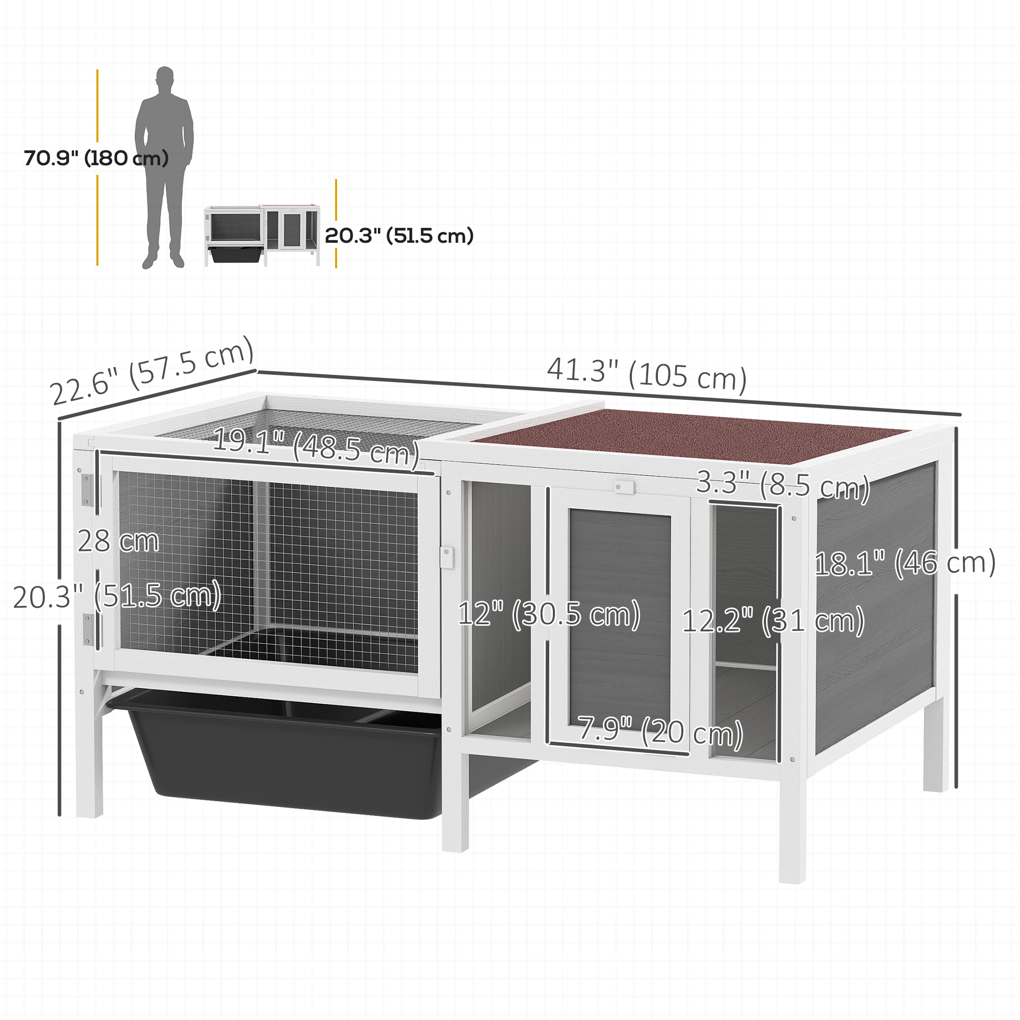 Rabbit Hutch, Wooden Guinea Pig Cage with Run, Openable Top, Pull Out Tray and Ramp, Water-Resistant Roof, Grey