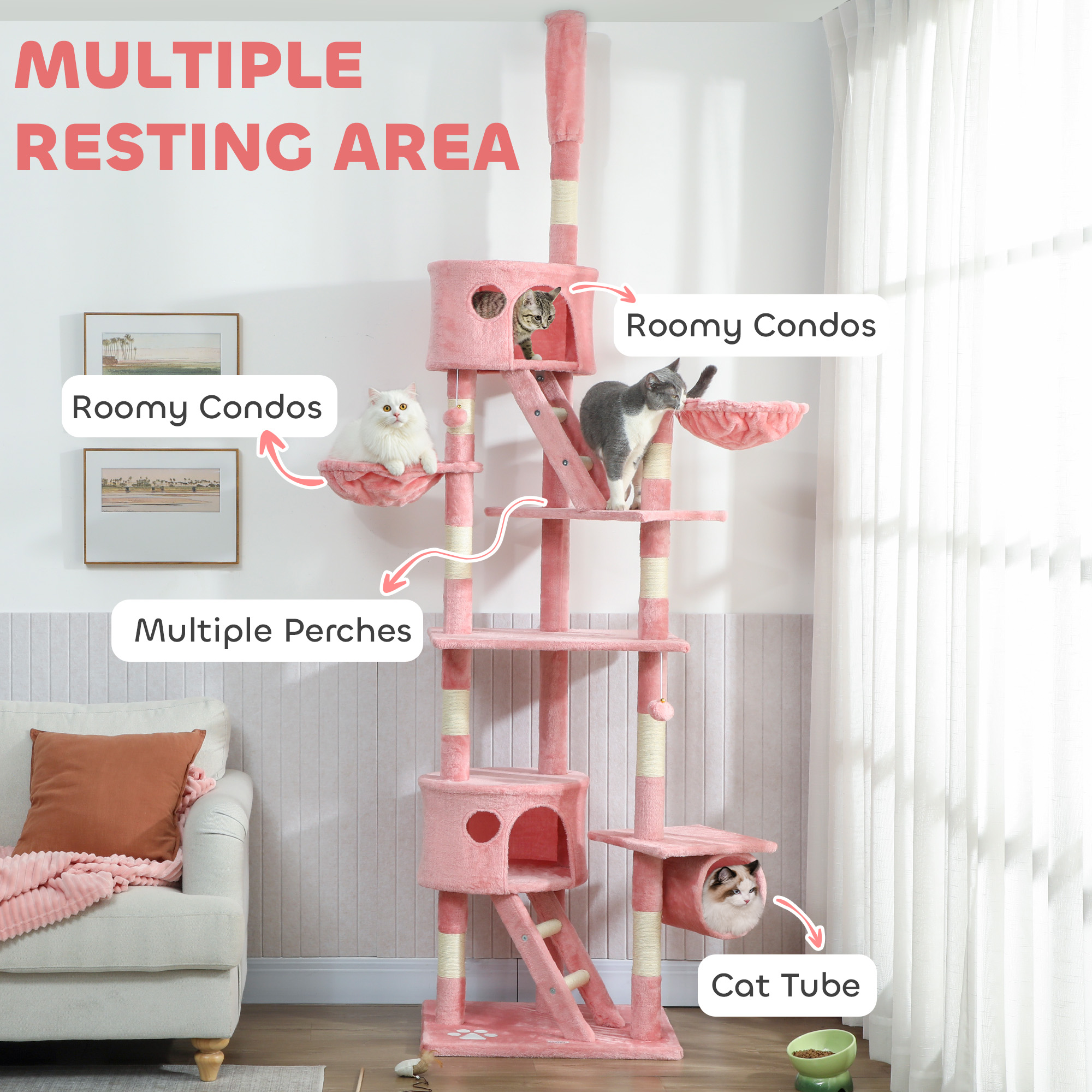 94"-102" Floor to Ceiling Cat Tree High Cat Condo Scratching Post Activity Center Multi-Level Play House Pink
