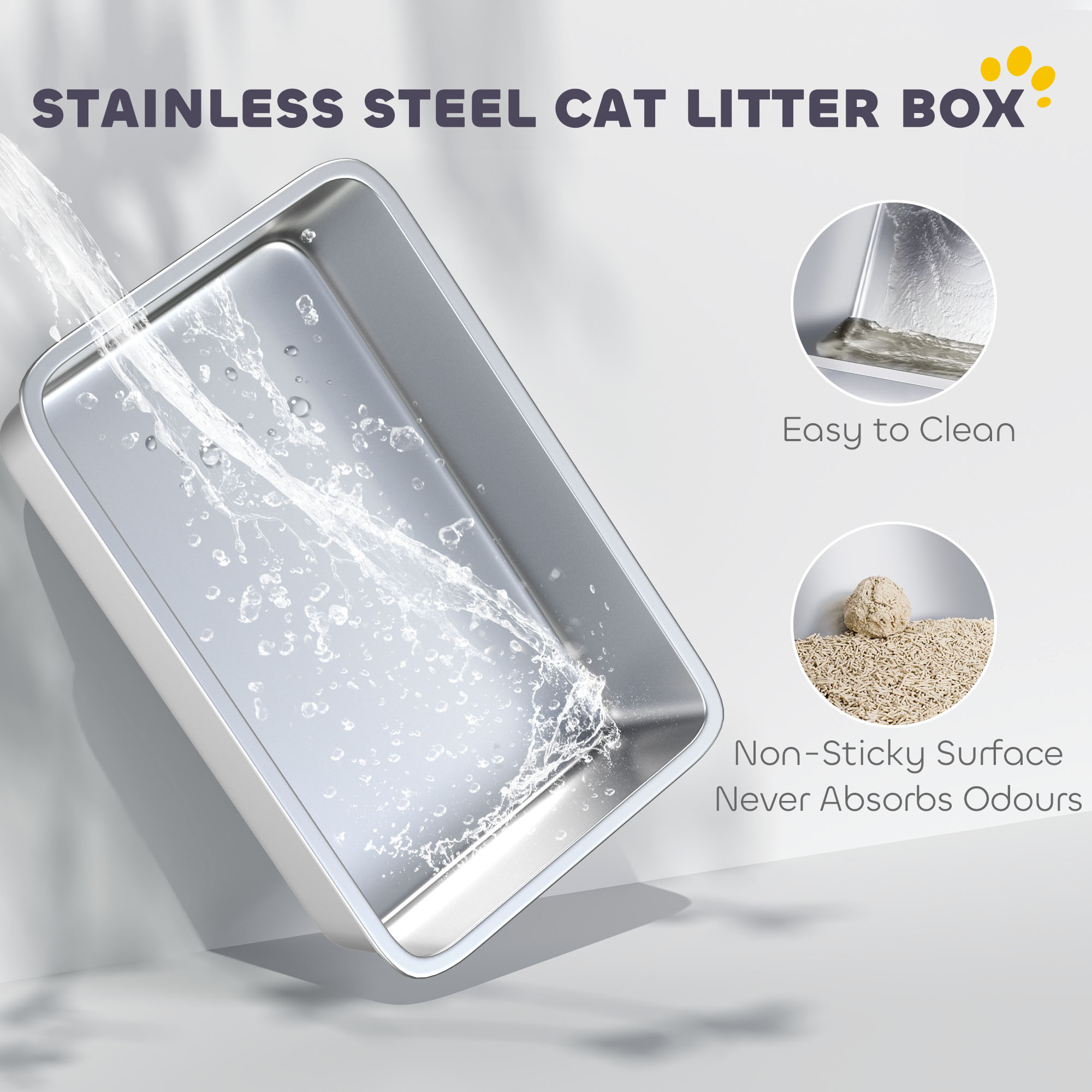 Stainless Steel Litter Box, XL High Sided Cat Litter Box with Scoop, Anti Leakage & Easy to Clean, 24" x 16" x 12", Grey