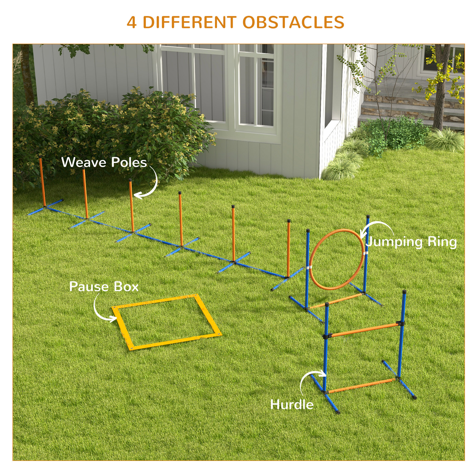Dog Agility Training Equipment w/ Weave Poles, Adjustable Hurdle, Jump Ring, Pause Box, Whistle, Balls, Carry Bag